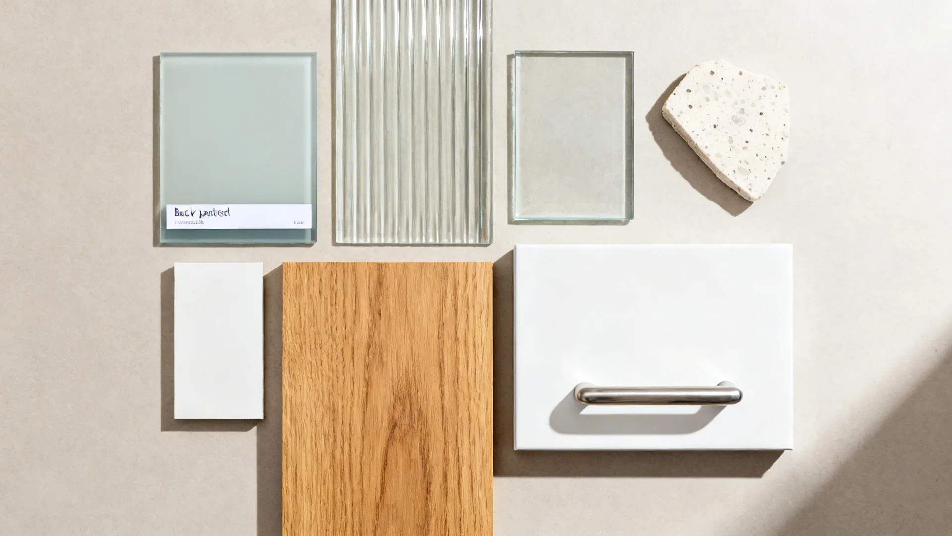 Flat lay of back-painted, reeded, and low-iron glass with white and oak finishes.