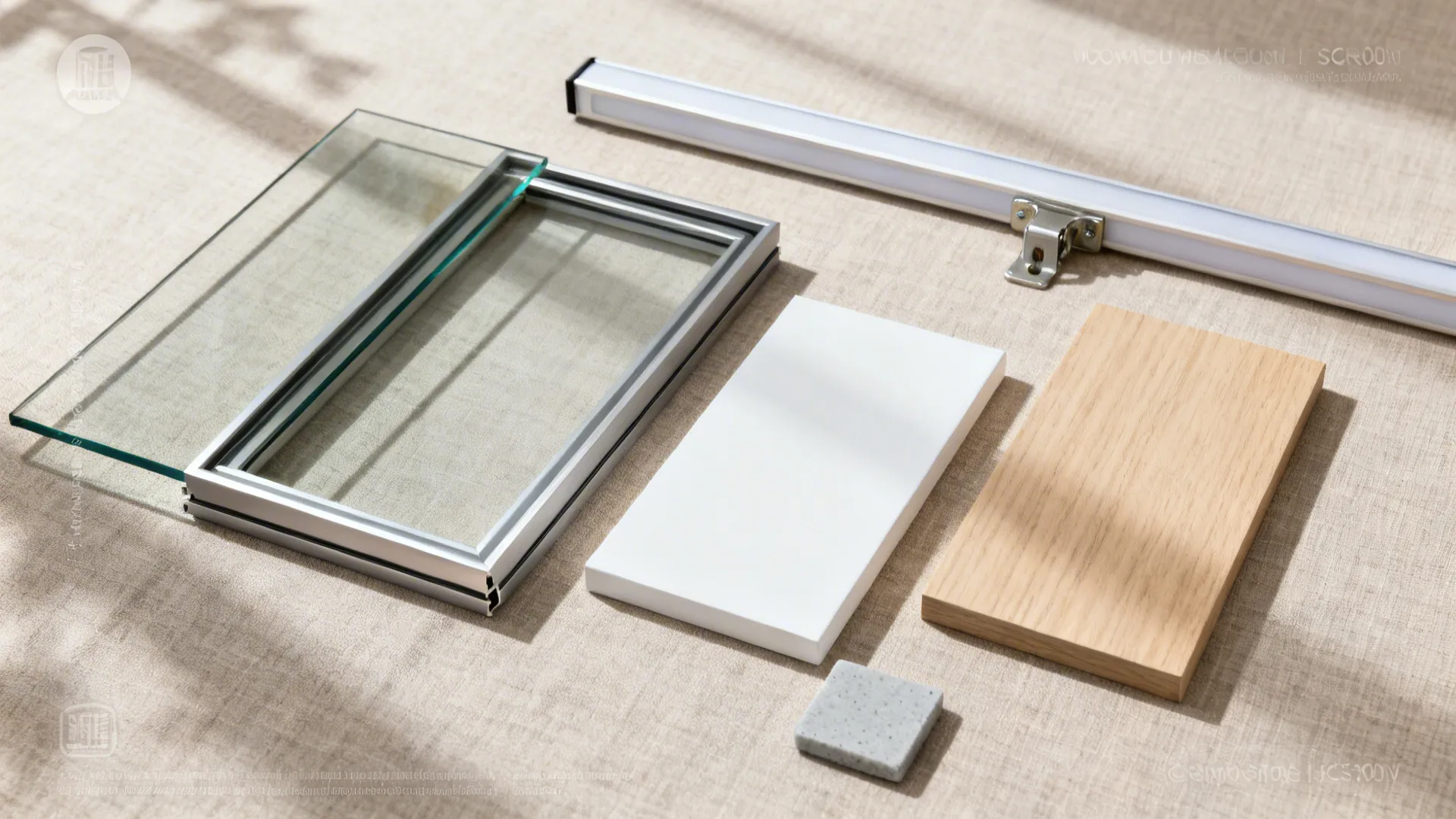 Top-down material board with low-iron glass, slim aluminum frame, oak, and white lacquer.