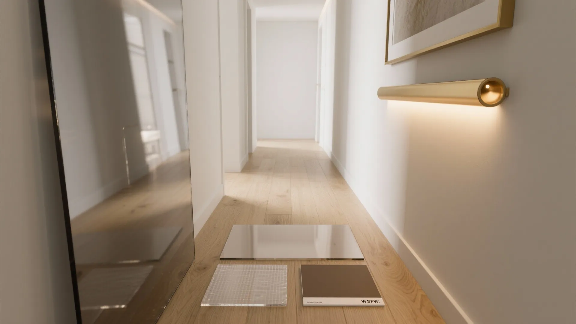 Glass-backed wall and reflective accents