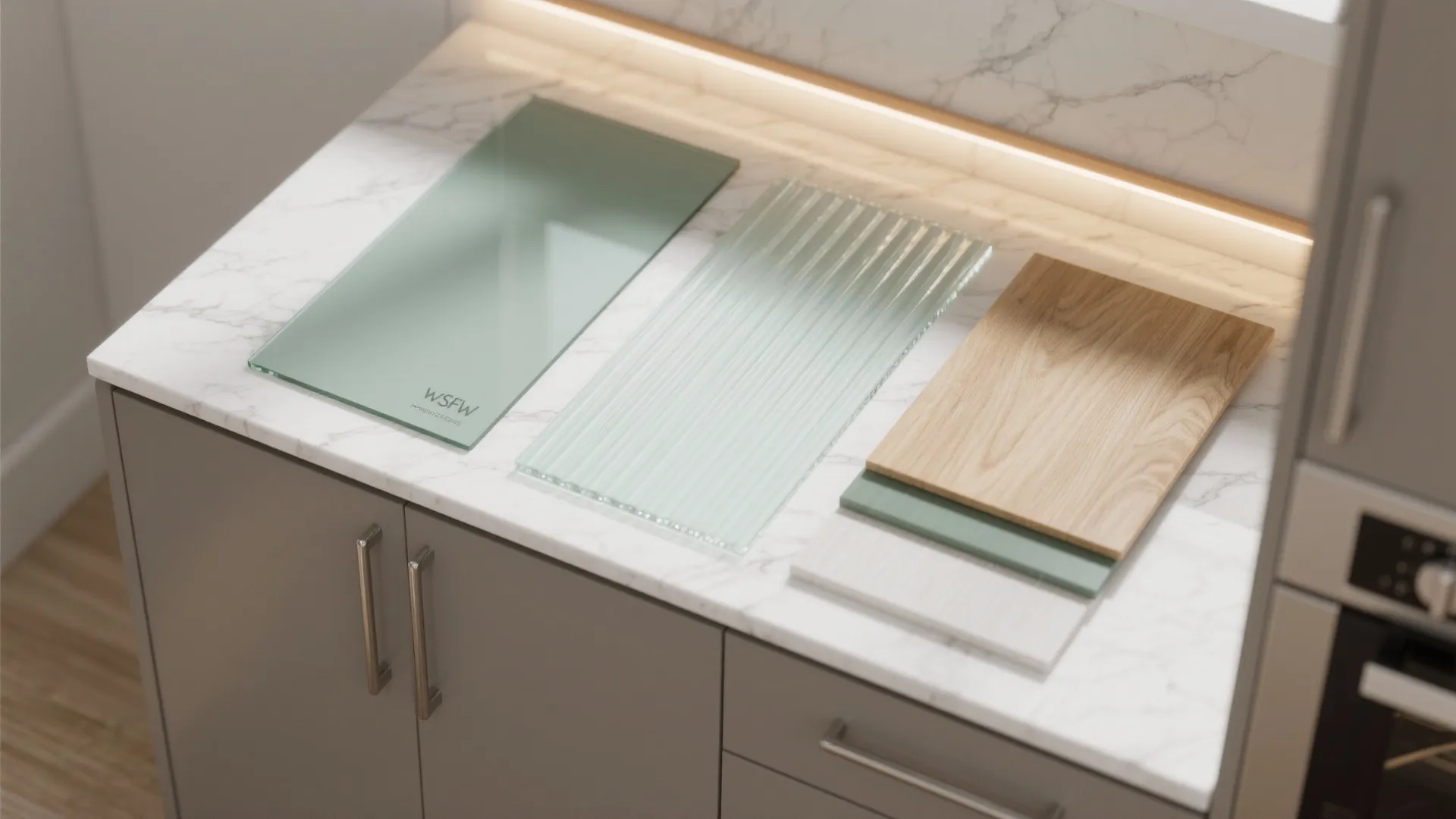 Glass and wood material samples placed on a marble surface for a kitchen cabinet project