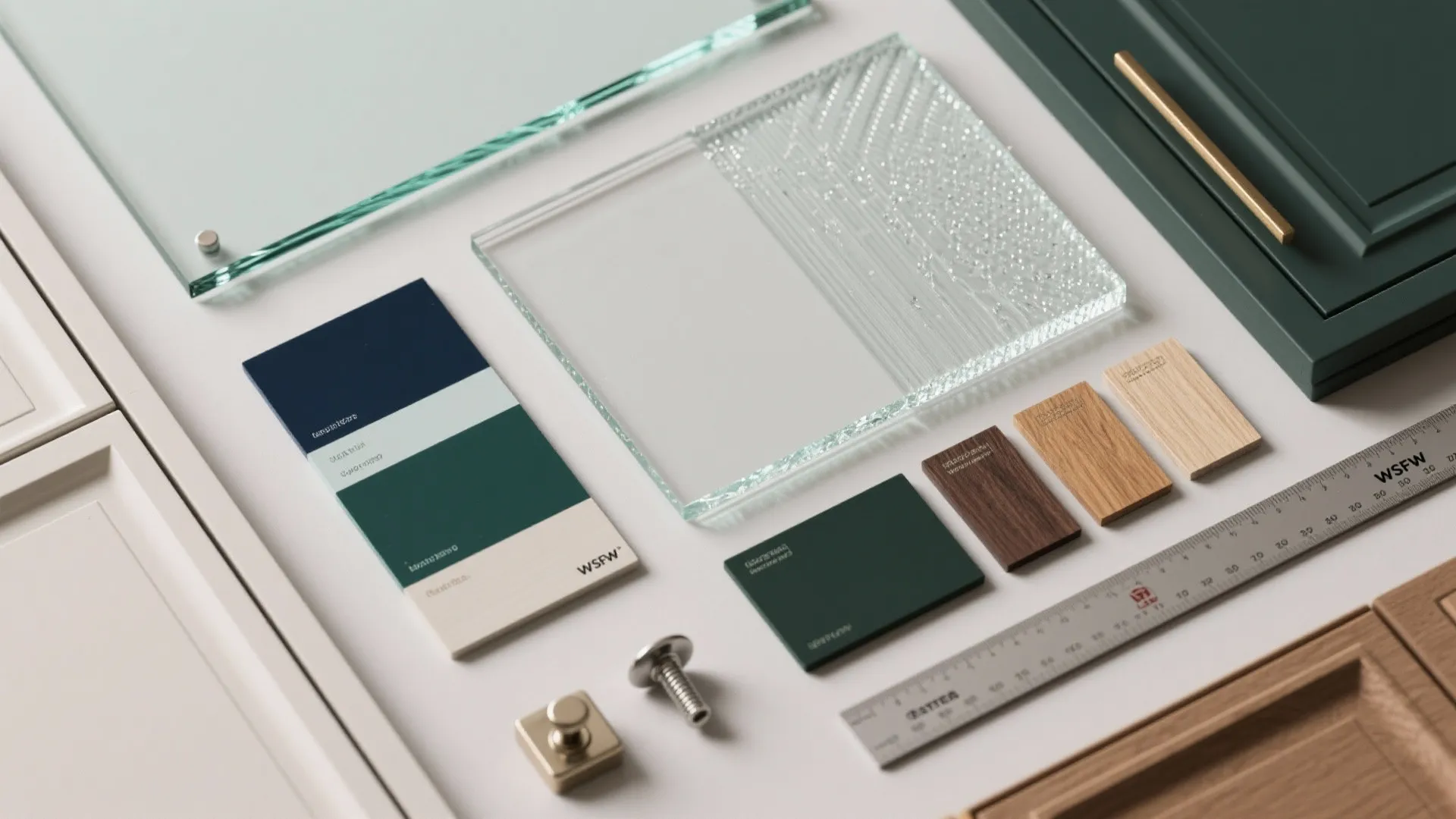 Interior design materials including glass samples color swatches wood blocks and a metal ruler on table
