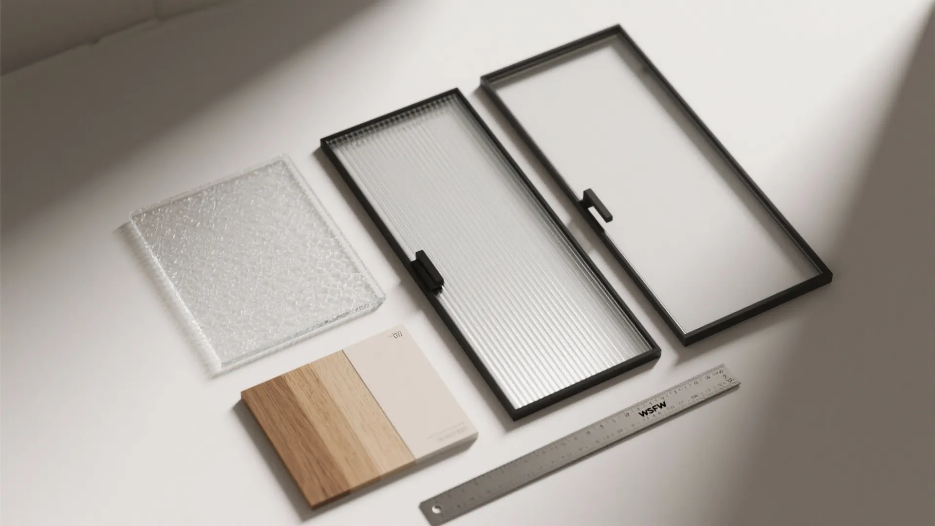Interior design material samples including glass cabinet doors textured glass wood swatches and a ruler