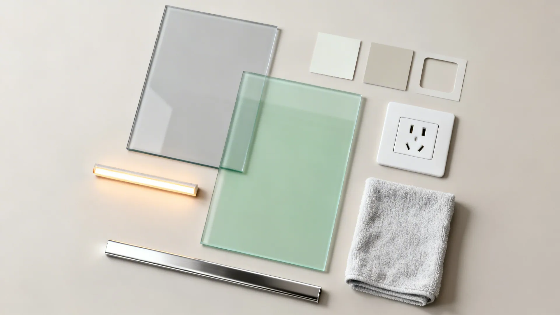 Top-down flatlay with low-iron glass samples, paint chips, LED strip, and trim pieces.