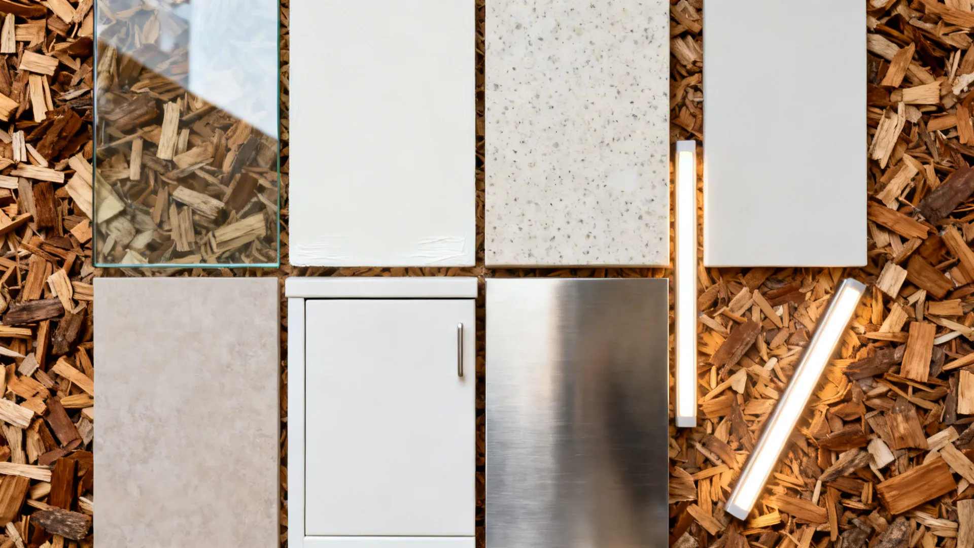 Interior design material samples including glass stone wood and metal displayed on brown wood chips