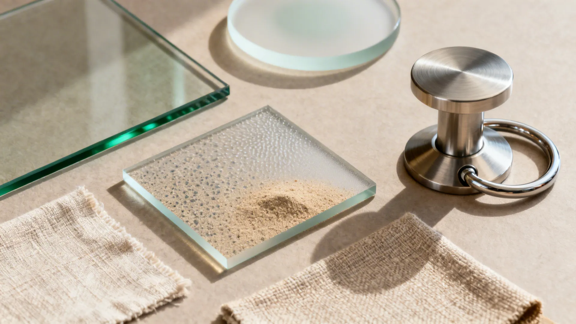 Interior design material flatlay with glass tiles fabric swatches sand and a silver metal handle