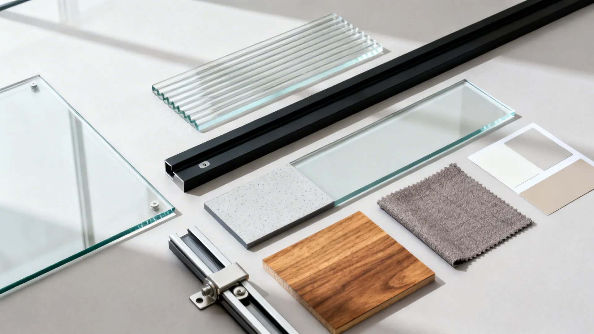 Flatlay of glass samples, black metal, soft-close hardware, oak, and neutral fabrics.