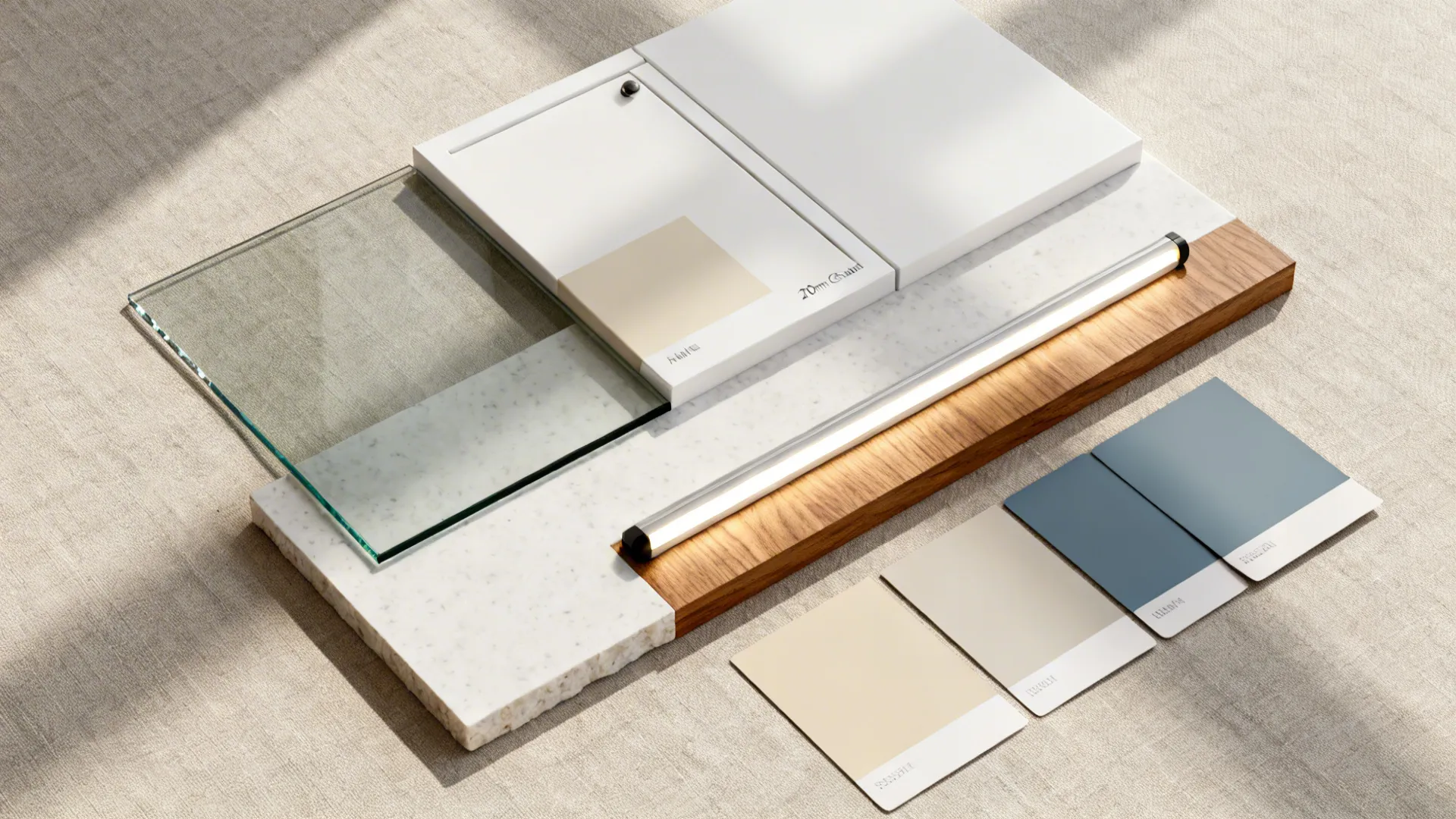 Flat lay of low-iron glass, matte cabinet swatch, thin countertop, LED strip, and warm paint chips.