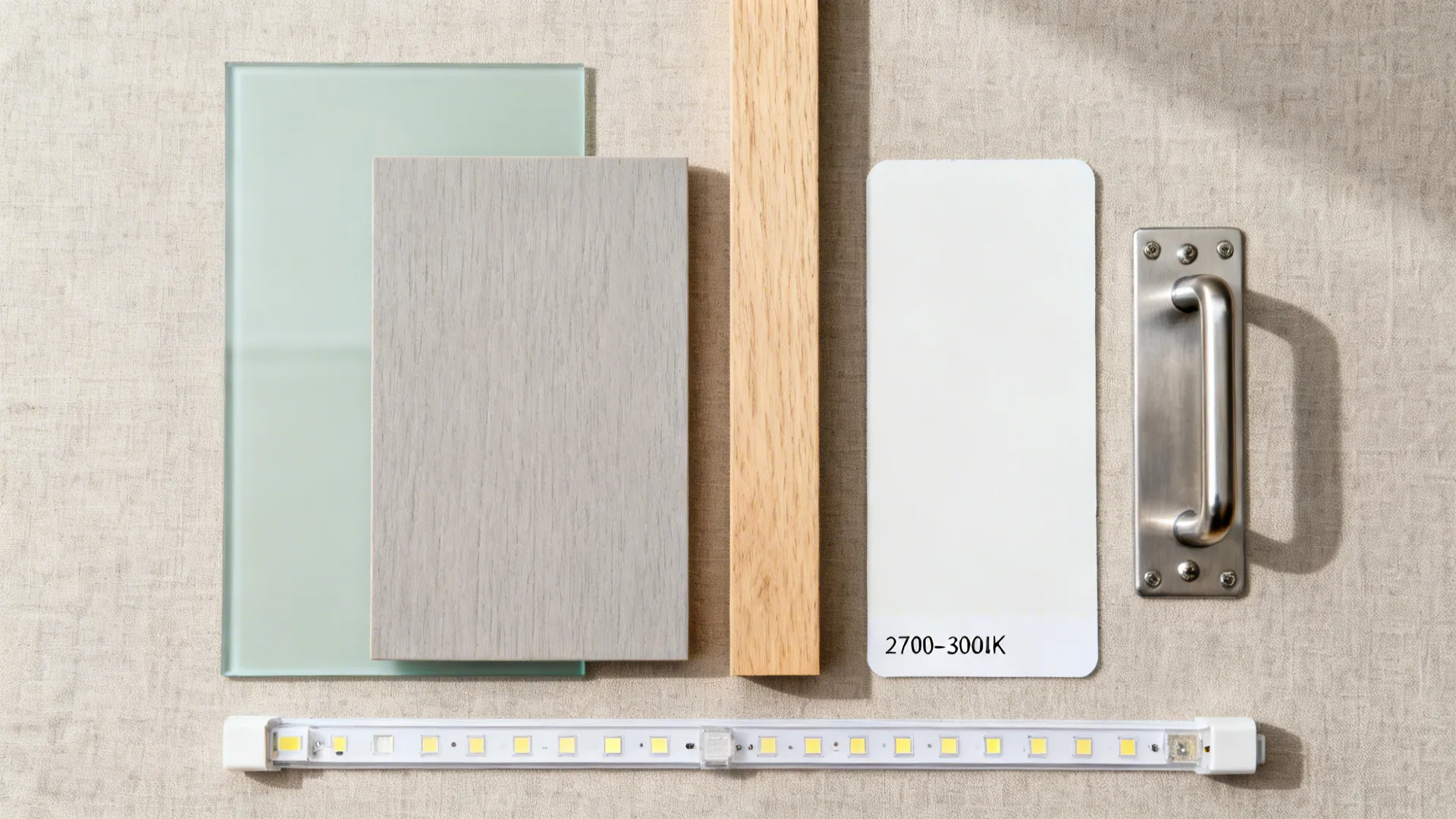 Flat lay of pale sage glass, matte gray laminate, oak, stainless steel, and warm LED samples.