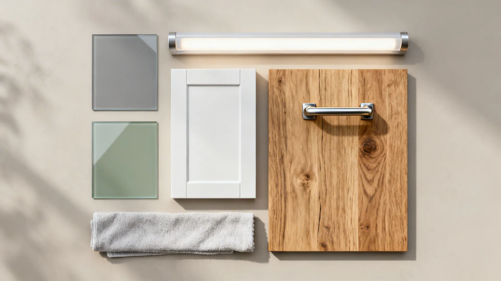 Top-down material palette with sage and gray glass, oak worktop, matte white cabinet, and LED diffuser.
