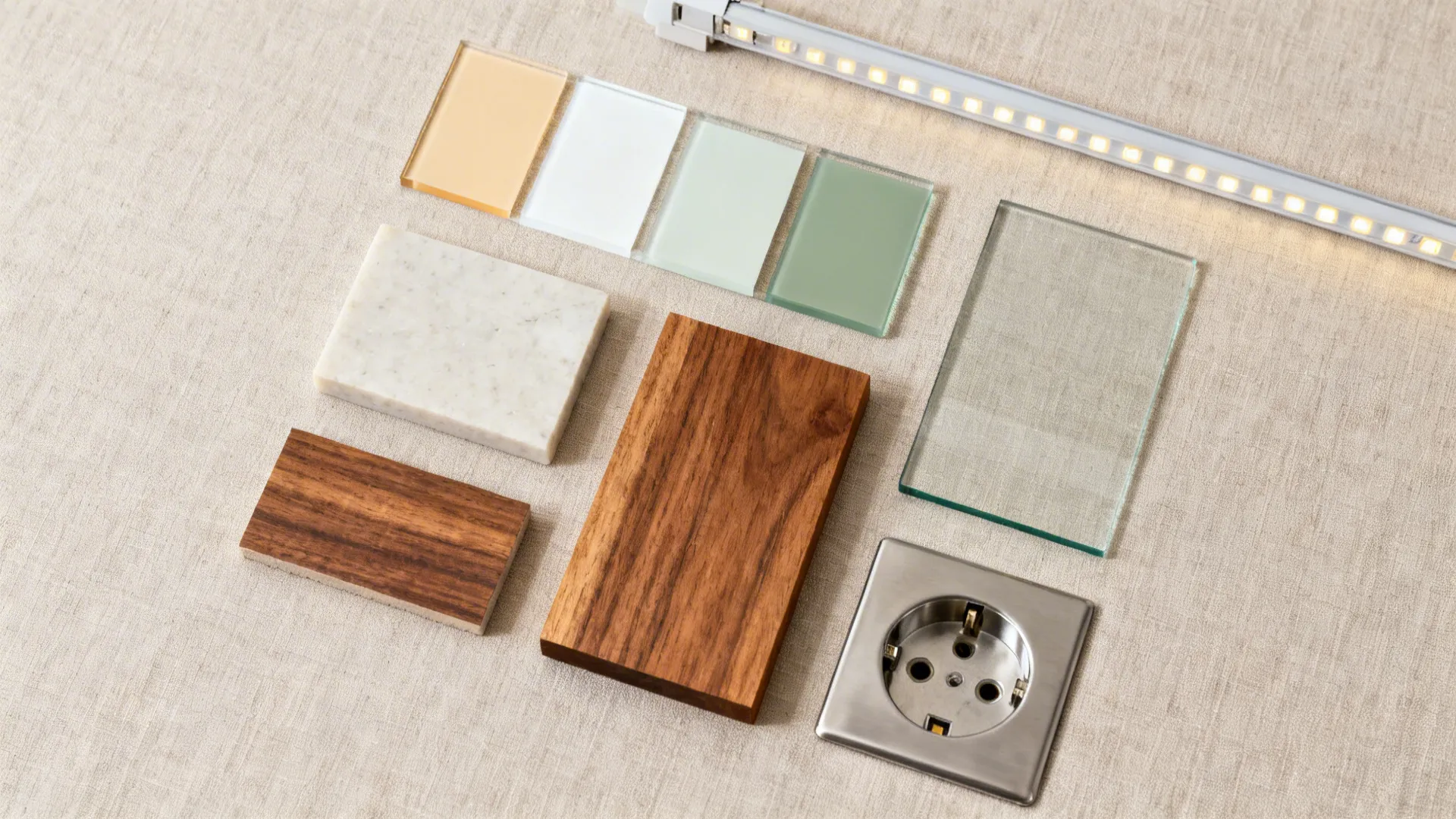 Top-down flatlay with low-iron glass, back-painted swatches, matte laminate, quartz, and kiaat wood.