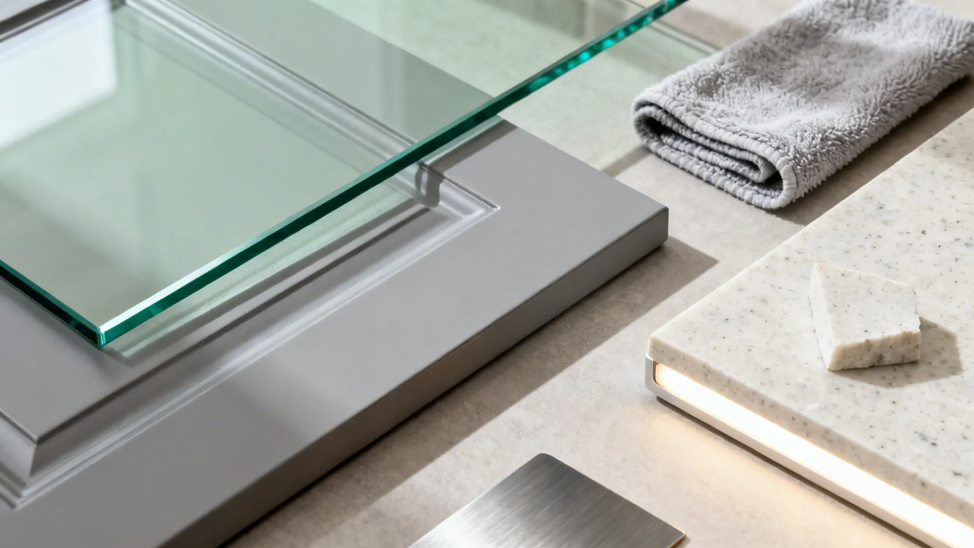 Material flat-lay with low-iron glass, semi-matte cabinet front, quartz chip, and LED strip.