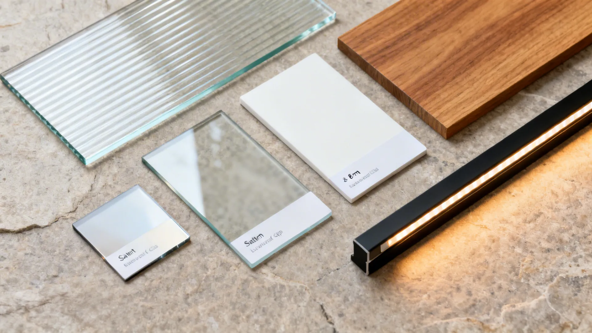 Flat lay of reeded glass, satin glass, acrylic, laminate, oak veneer, and LED strip samples.