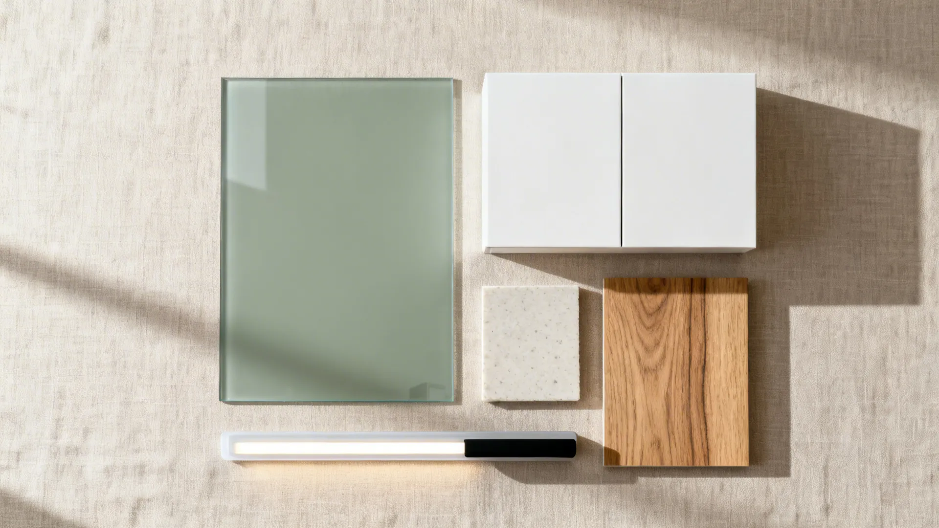 Flat lay of low-iron sage glass, matte white cabinet, oak veneer, pale quartz, and LED diffuser.