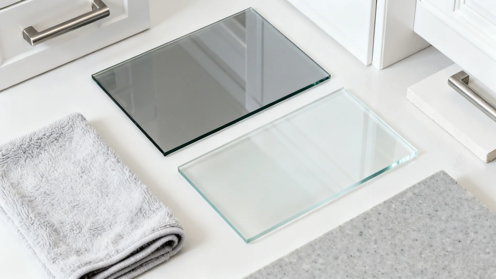 Flat lay of low-iron gray back-painted glass, frosted glass, white paint, and light quartz samples.