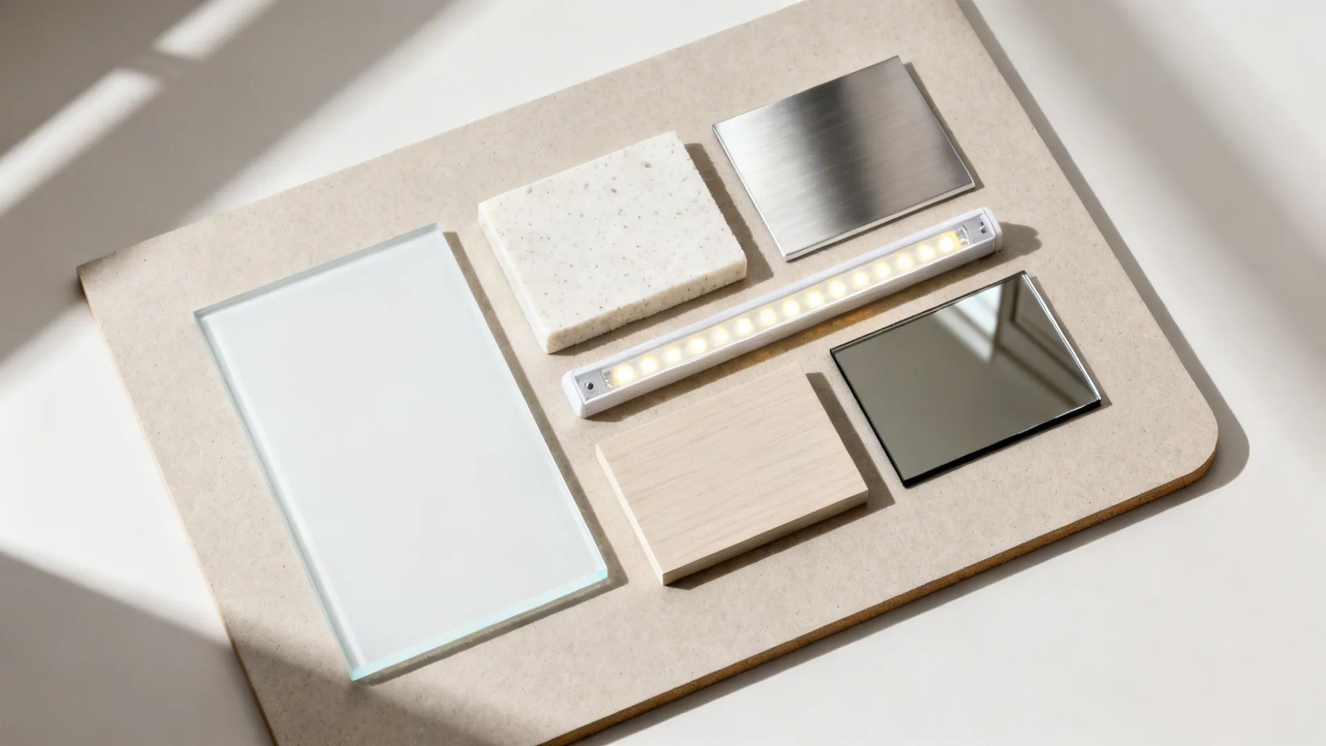 Material board with glass tile stone sample wood block metal plate and small light fixture strip