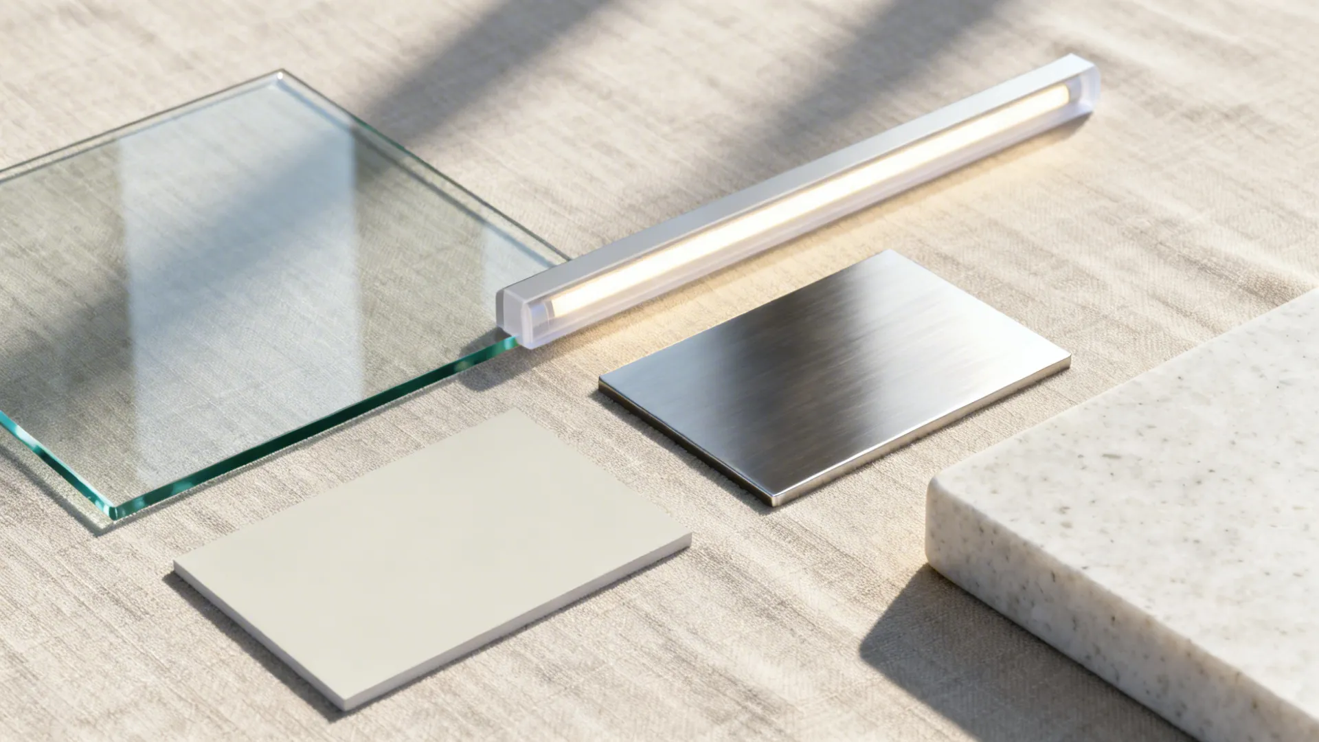 Material flat lay with clear glass, pale paint, LED diffuser, stainless, and light quartz.