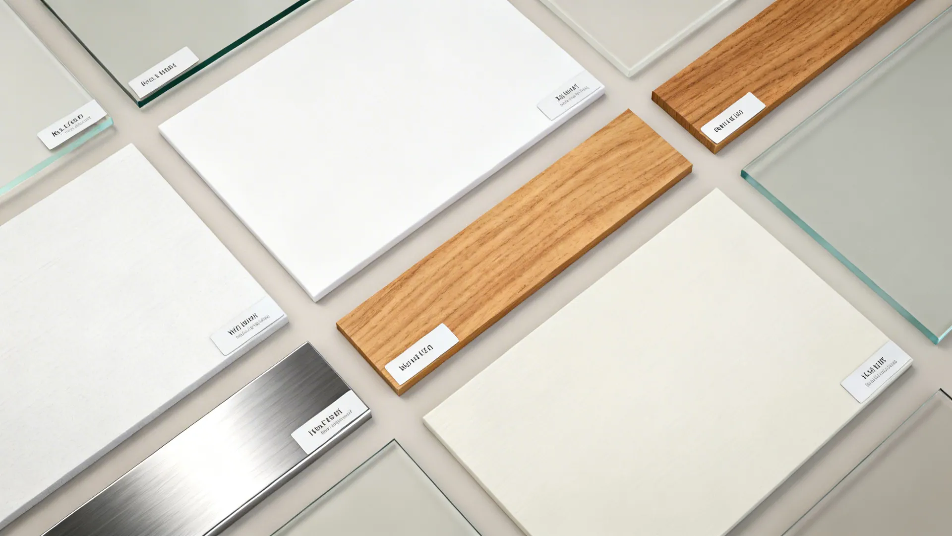 Top-down flat lay of low-iron and back-painted glass with matte white and oak samples.