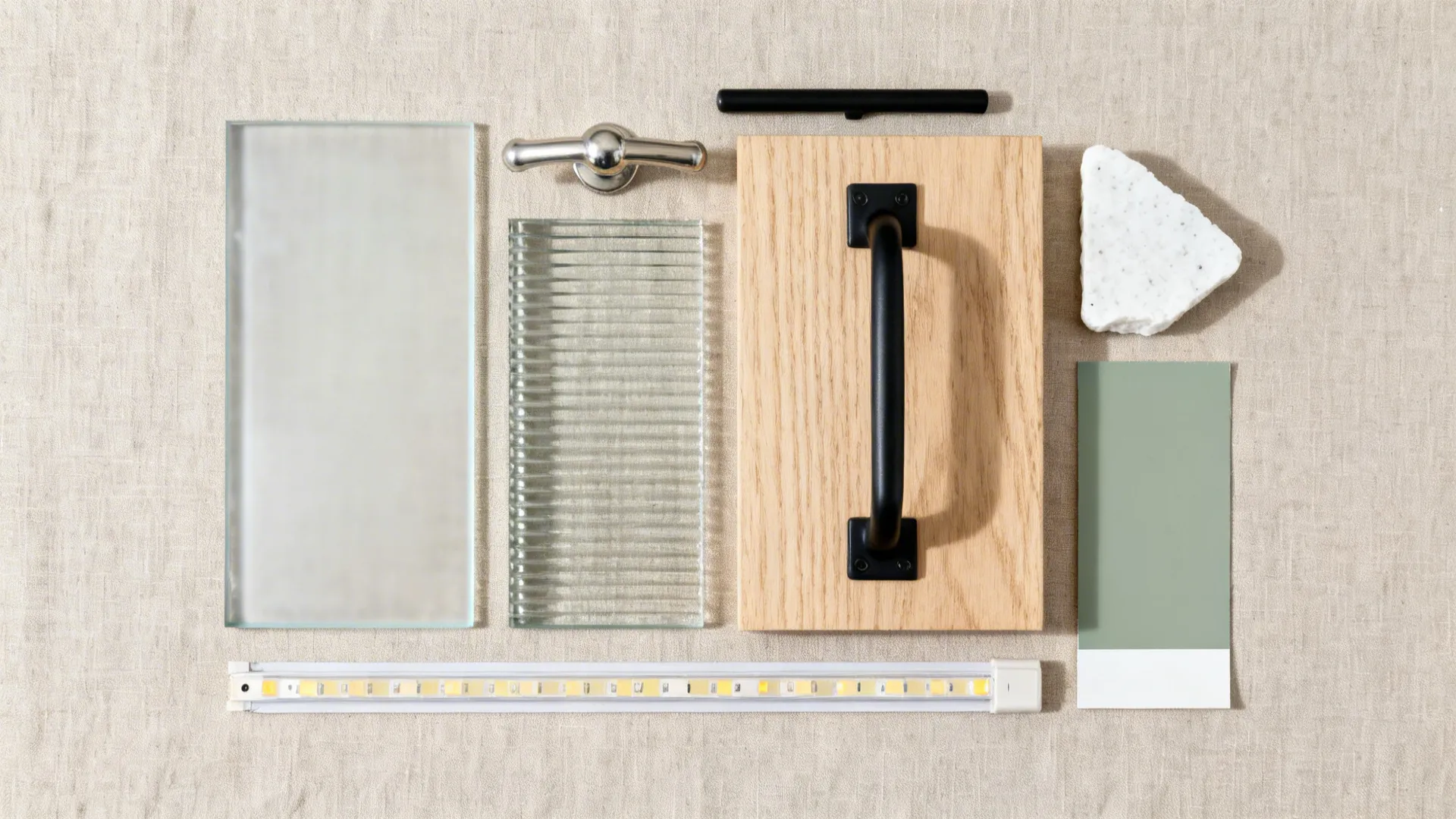 Flat lay of frosted and reeded glass samples with wood, quartz, and hardware.
