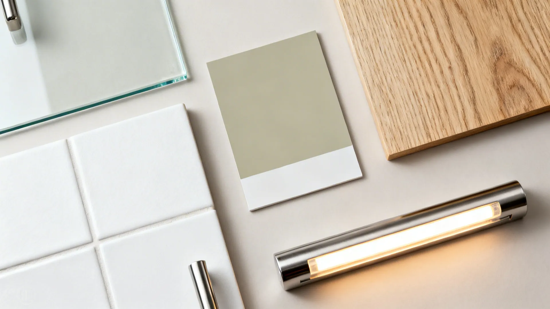 Flat lay with low-iron glass, greige paint, white-oak veneer, stainless hardware, and warm LED strip.