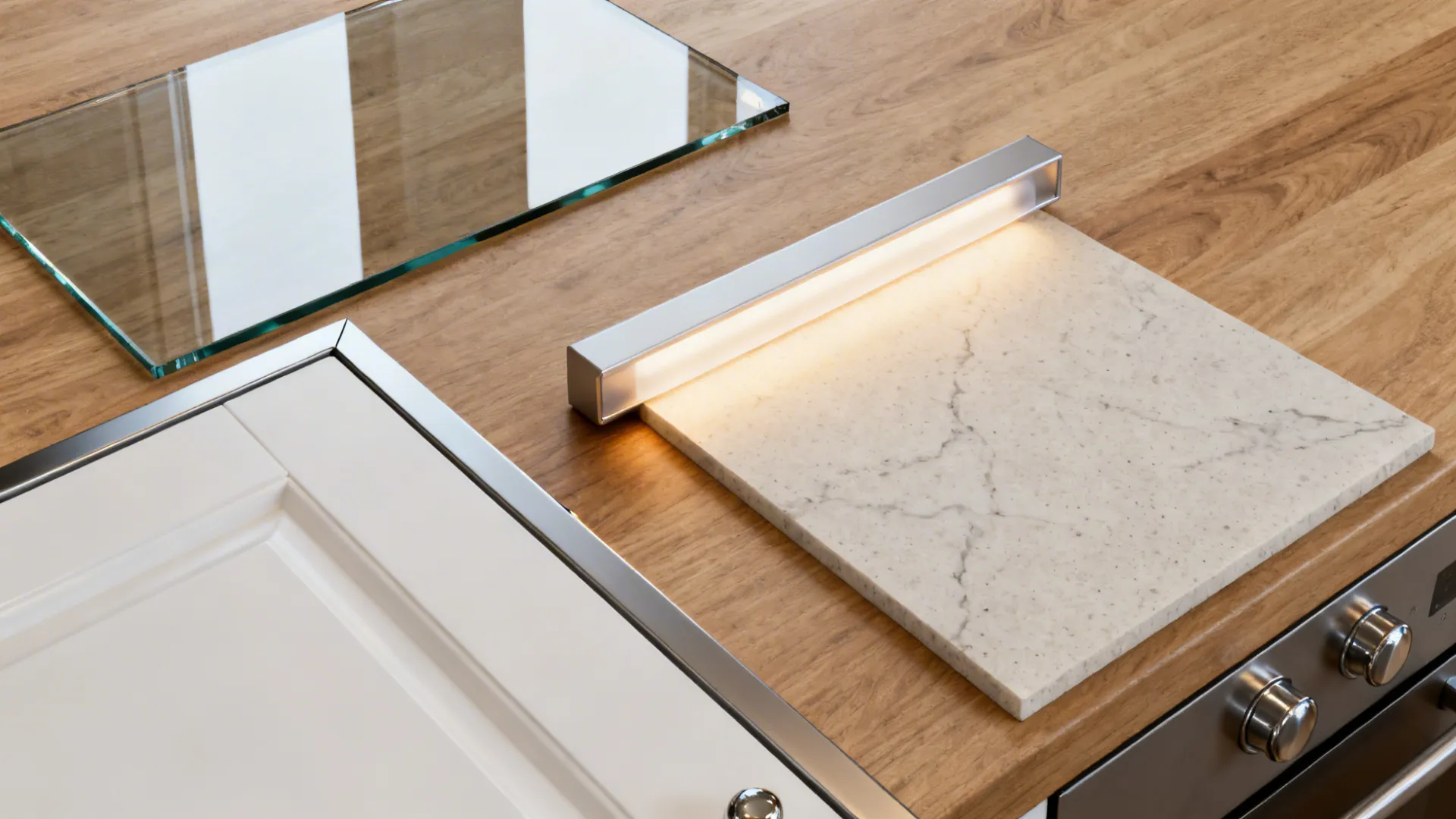 Top-down material set with clear glass, matte cabinet front, LED diffuser, and quartz.