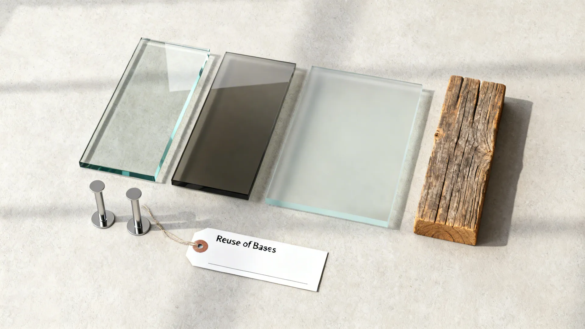 Flatlay of clear, smoked, and frosted glass samples with leg material swatches and price notes.