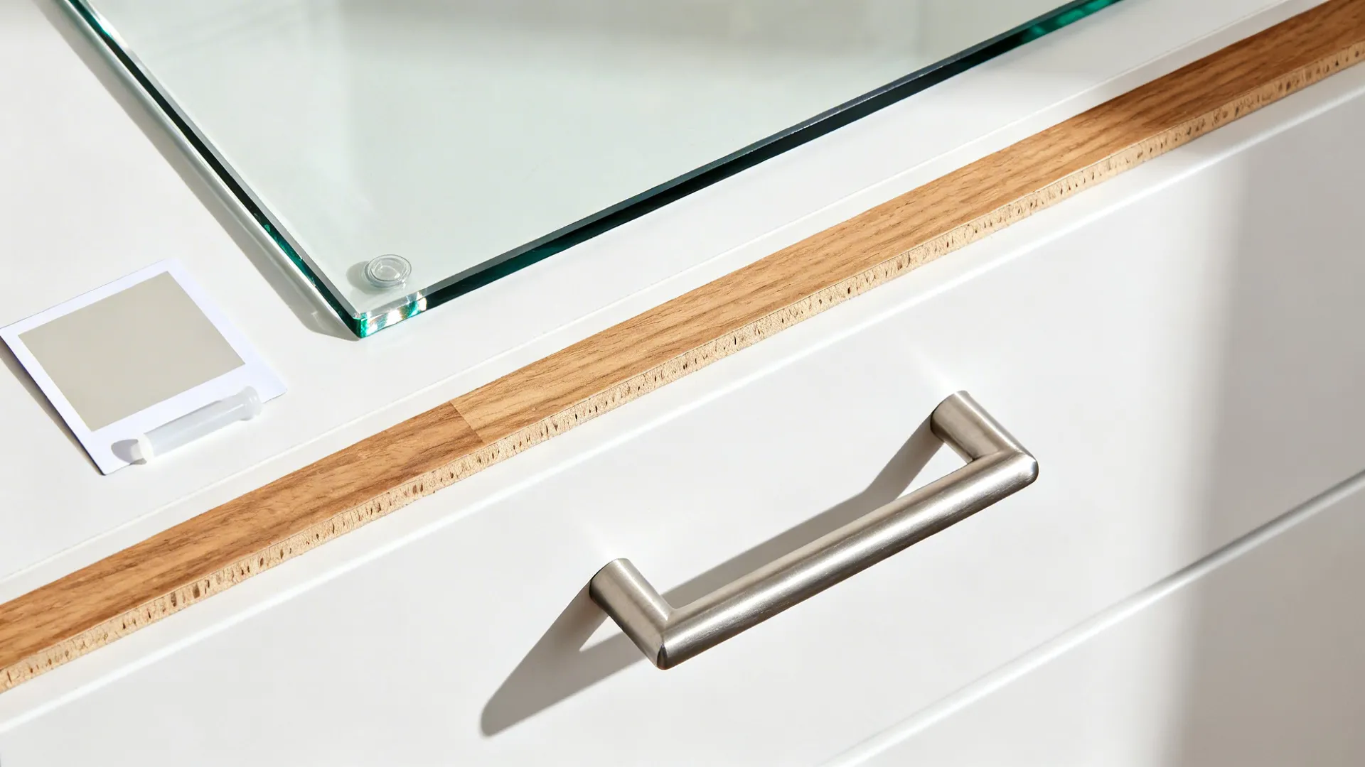 Top-down materials: low-iron glass, matte white front, oak veneer, and brushed nickel hardware.