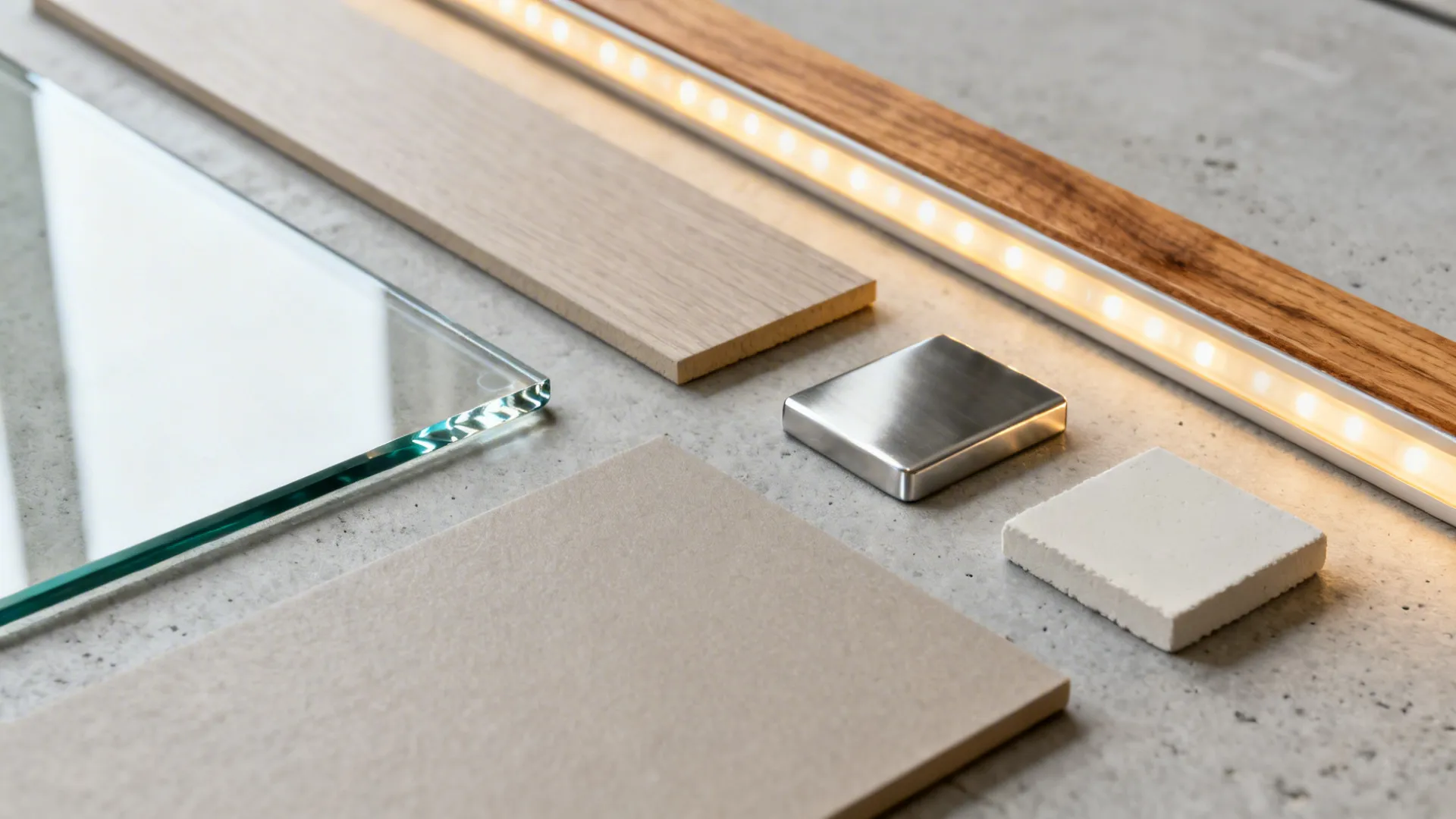 Flat lay of low-iron glass, matte laminate, oak veneer, stainless, and warm LED strip samples.