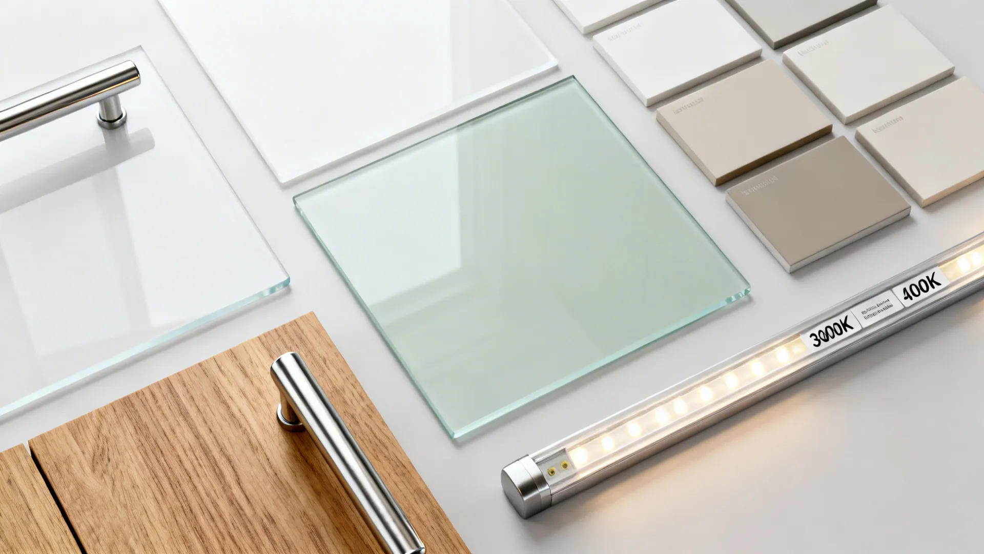 Flat lay of glass backsplash swatches with cabinet, wood, and lighting samples.