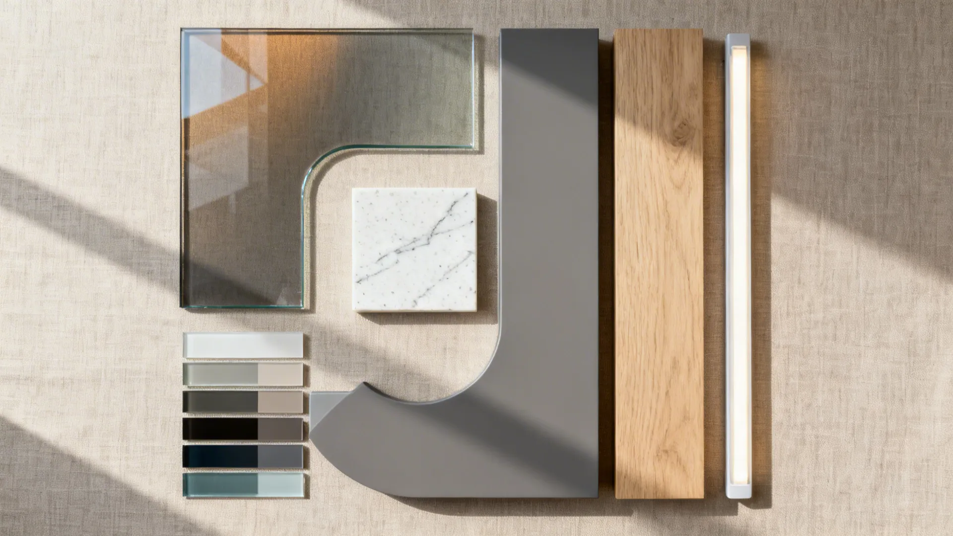 Interior design material board with glass marble wood samples and light fixture on beige fabric background