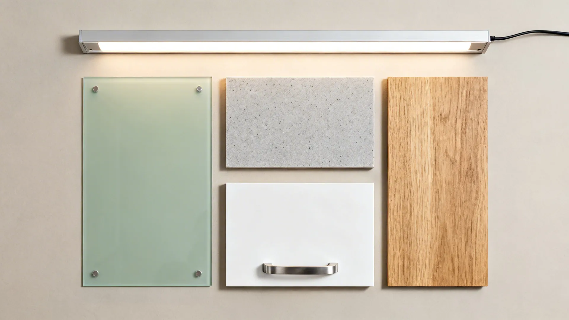 Material board featuring green glass panel stone tile wood plank white cabinet door and light
