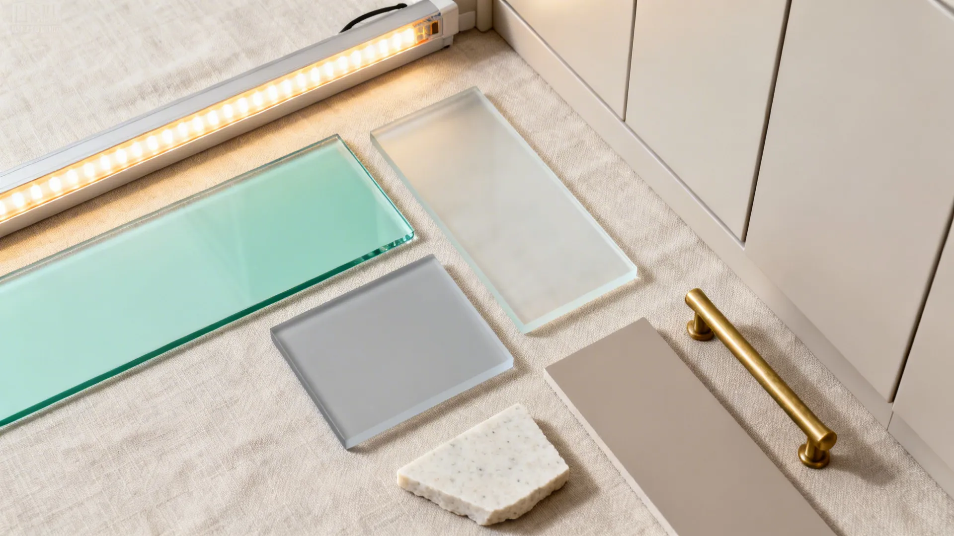 Glass material samples with light strip stone piece gold handle and white cabinet on fabric surface