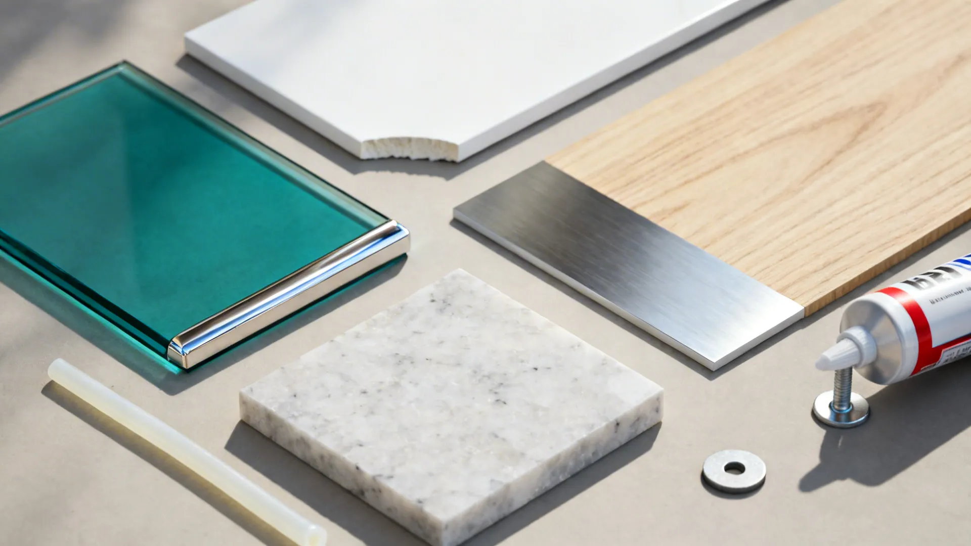 Top-down flatlay of teal back-painted glass, stainless, wood, quartz, and sealant samples.