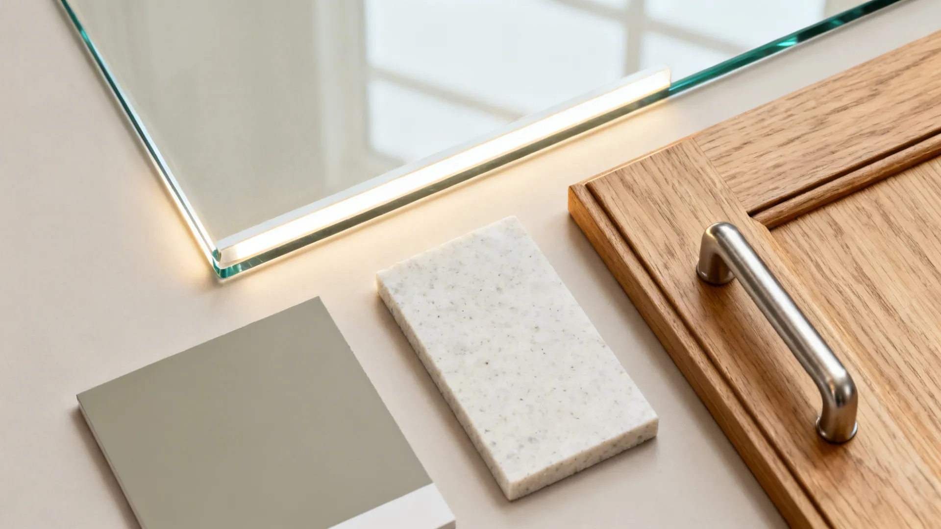 Interior design material samples showing glass panel with light wooden cabinet door and white stone