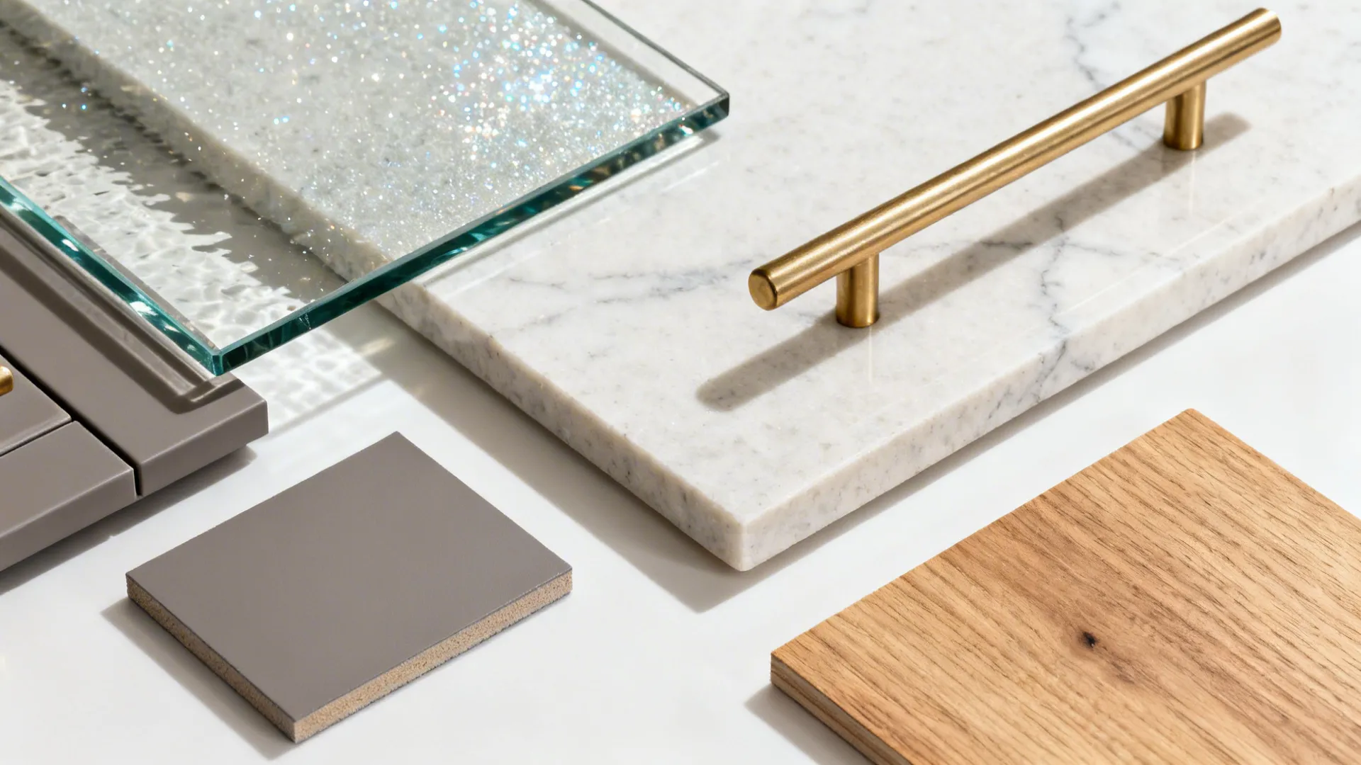 Top-down material board with low-iron glass, gray matte cabinet chip, quartz, brass hardware, and oak veneer.
