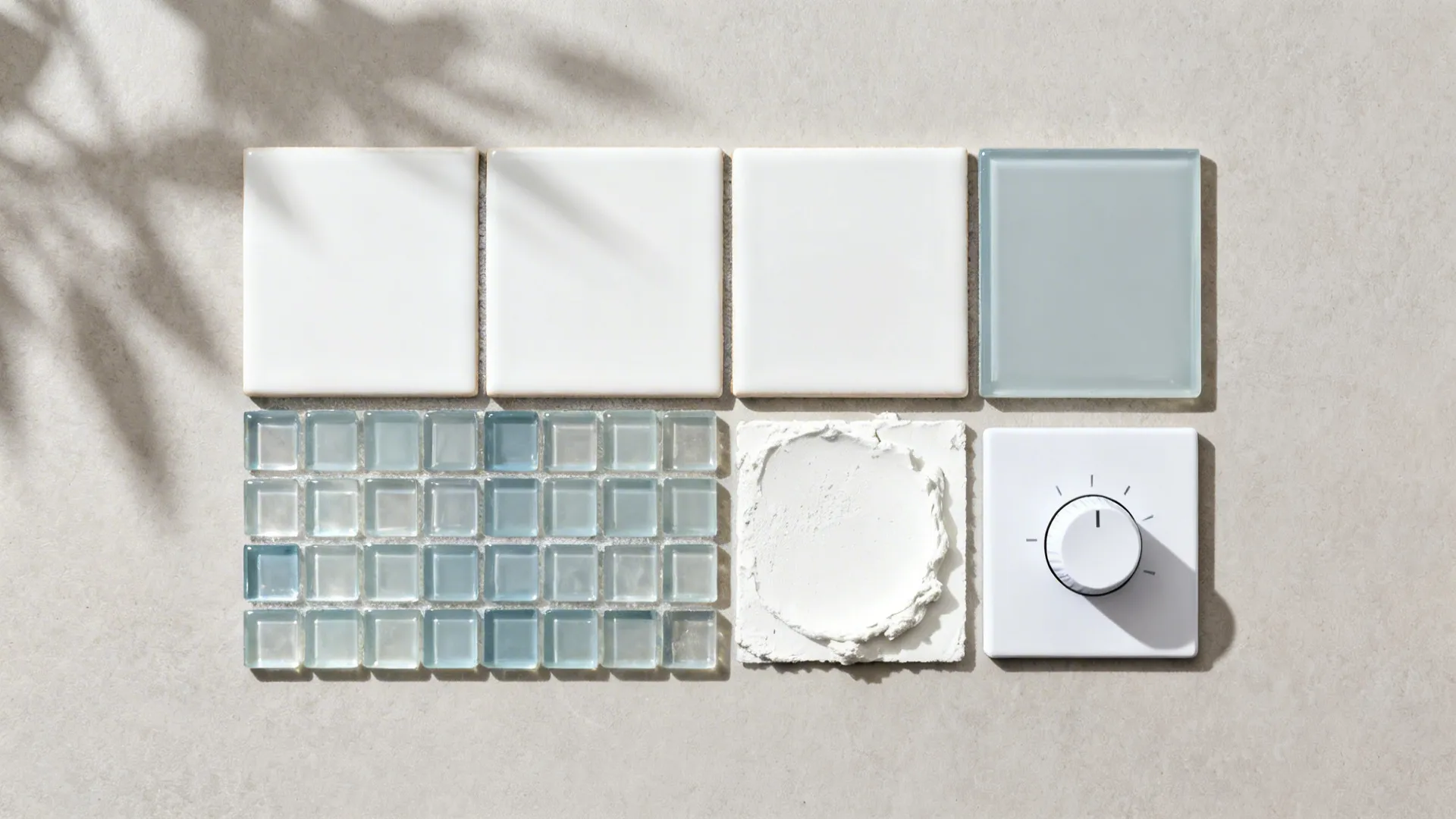 Top-down materials of matte white tile, pale glass mosaic sheet, and white mortar sample.