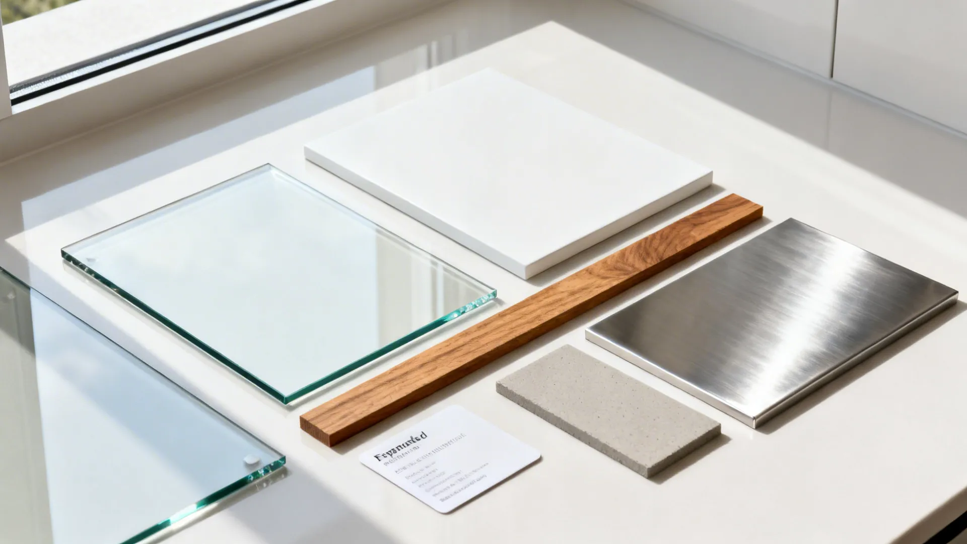 Flat lay of tempered glass, matte lacquer, stainless steel, and oak veneer samples.