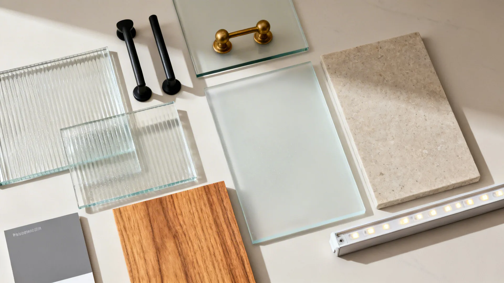 Flat lay of reeded, clear, seeded, and frosted glass samples with hardware, wood, stone, and LED strip.