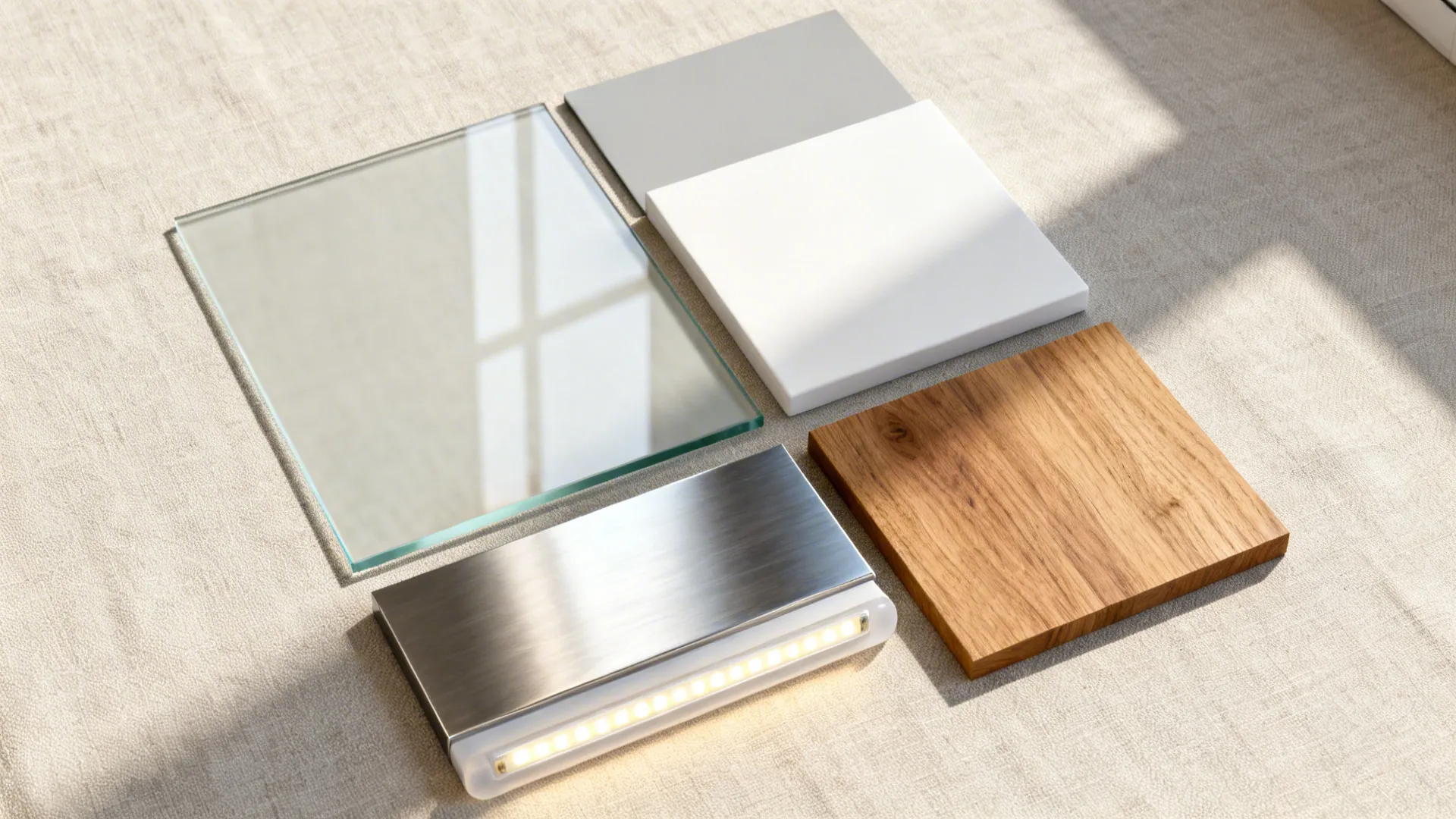 Top-down palette with color-backed glass, matte cabinet, oak veneer, stainless steel, and LED diffuser.