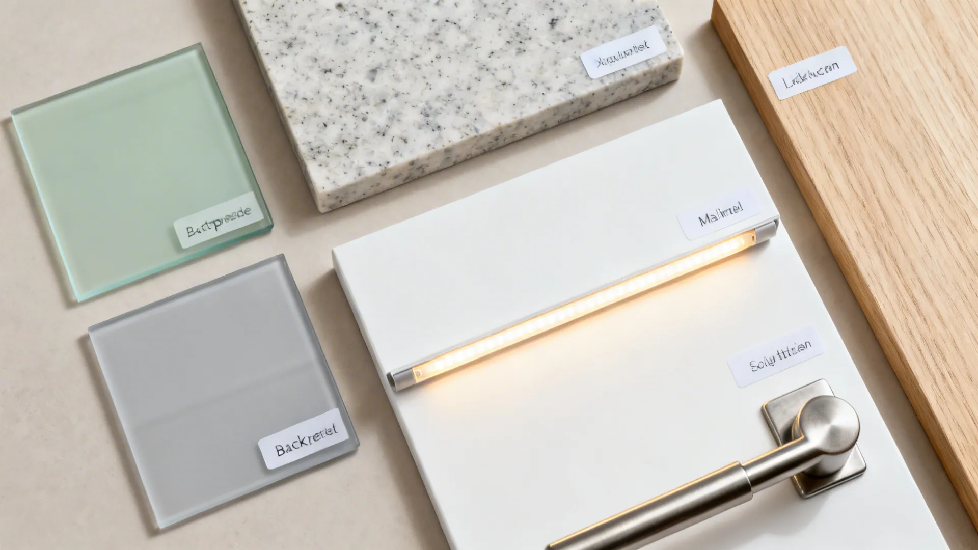 Close up of interior design materials including glass tiles stone wood panel and small light fixture