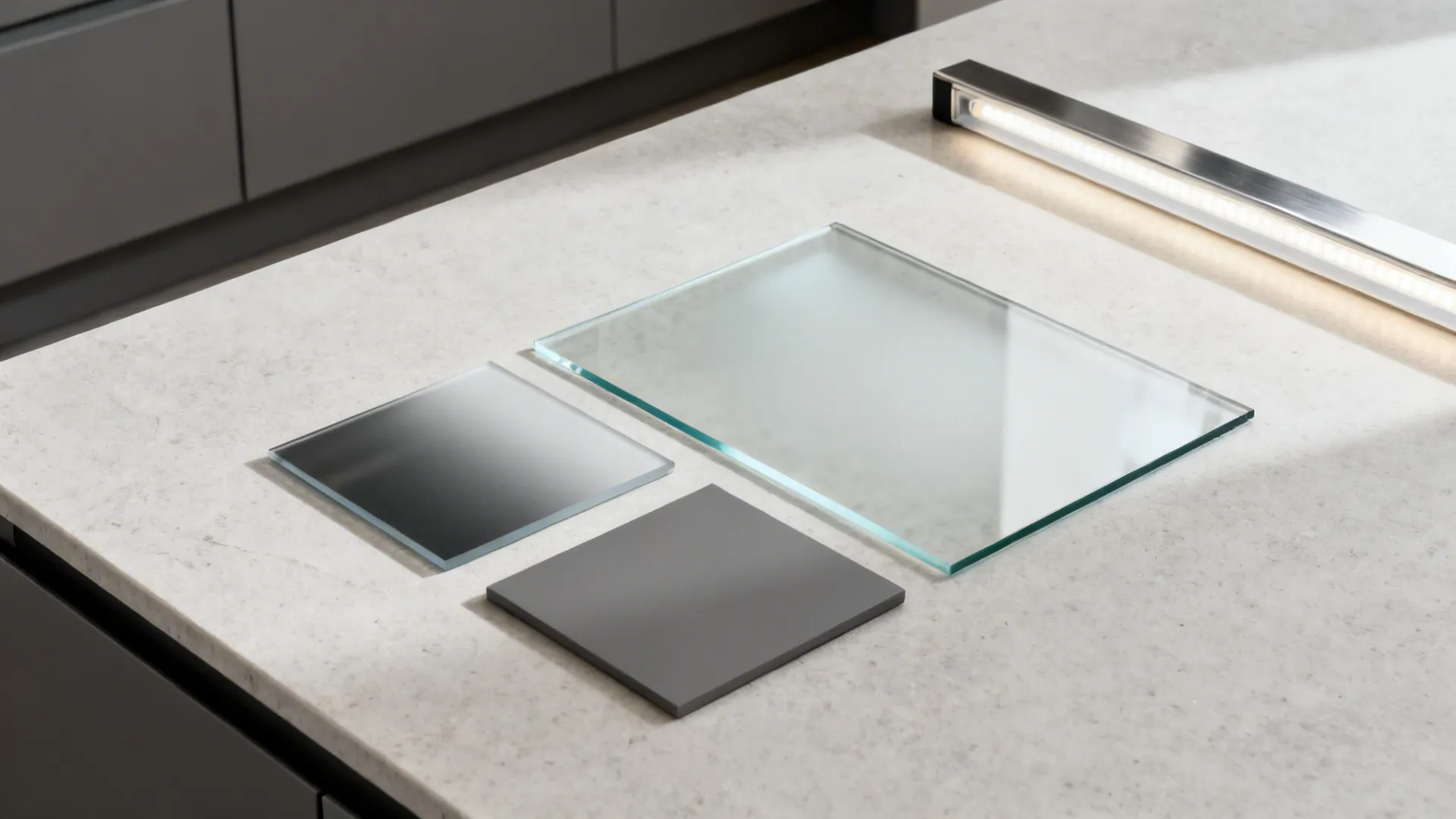 Flat lay of low-iron and etched glass samples with matte cabinet and brushed metal finish chips.