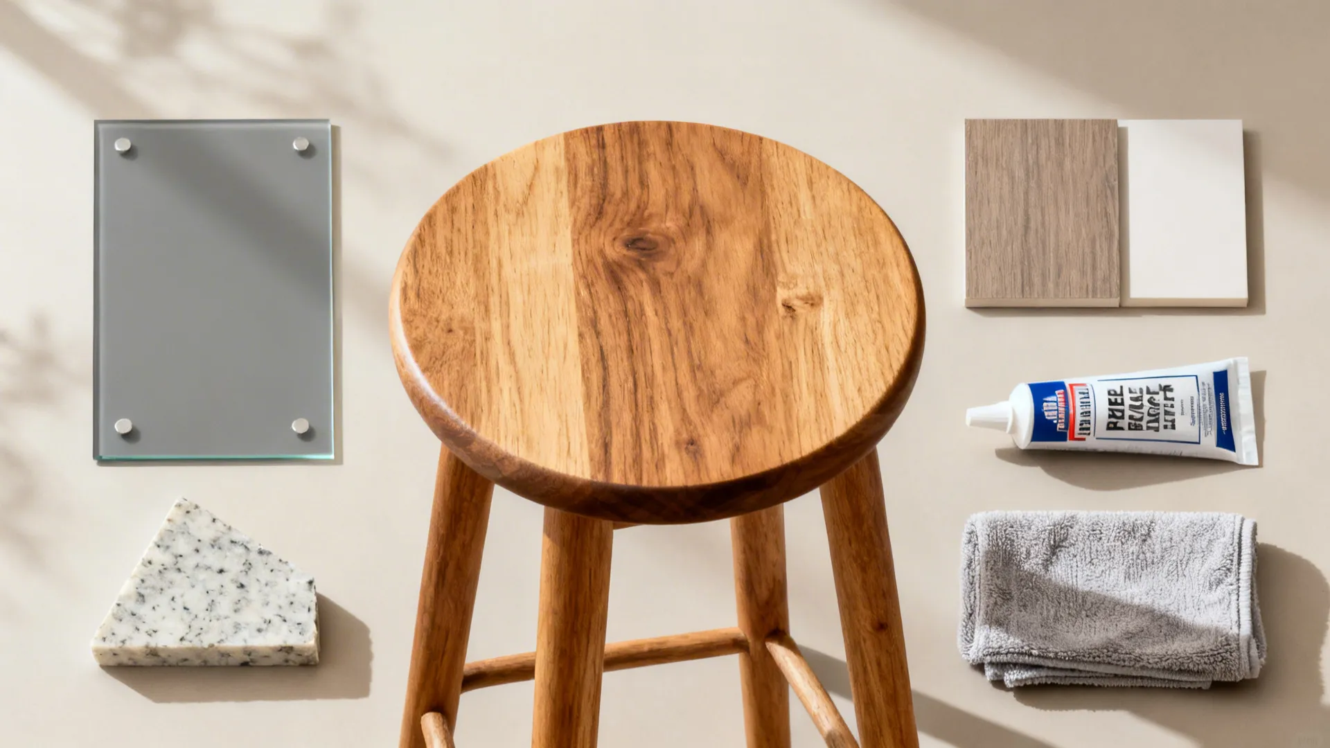 Flat lay of fog-gray glass, quartz, oak wood, and matte laminate materials.