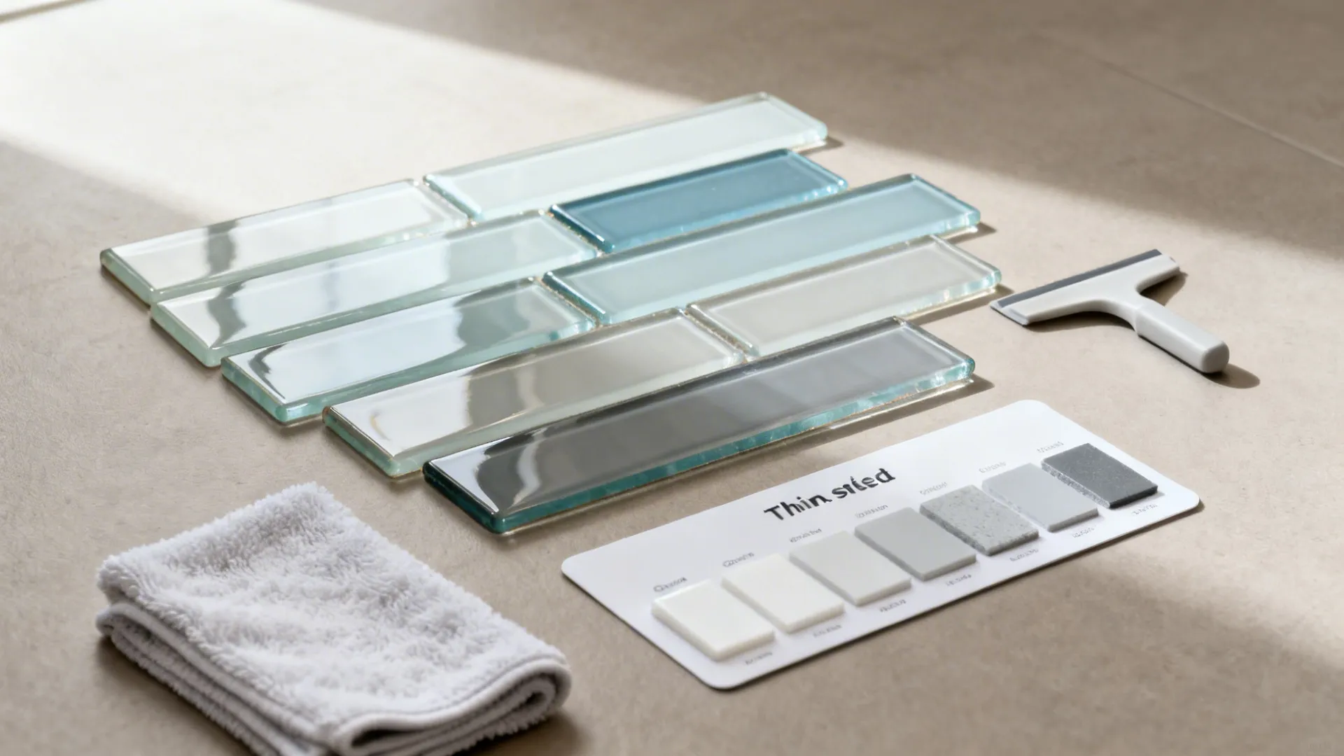 Flat lay of glass tile samples with white thinset and grout swatches under soft light.