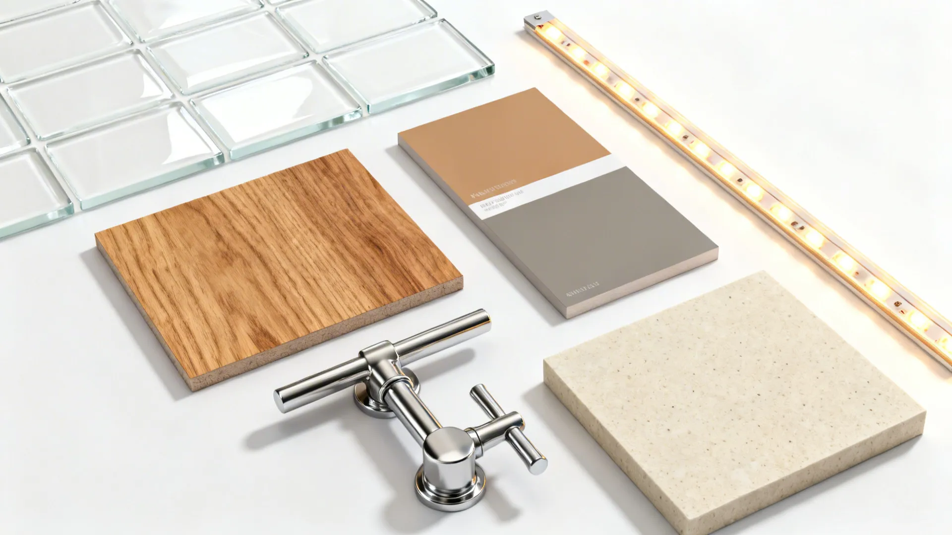 Flat lay with white glass, oak veneer, warm-gray paint, nickel hardware, and quartz sample.