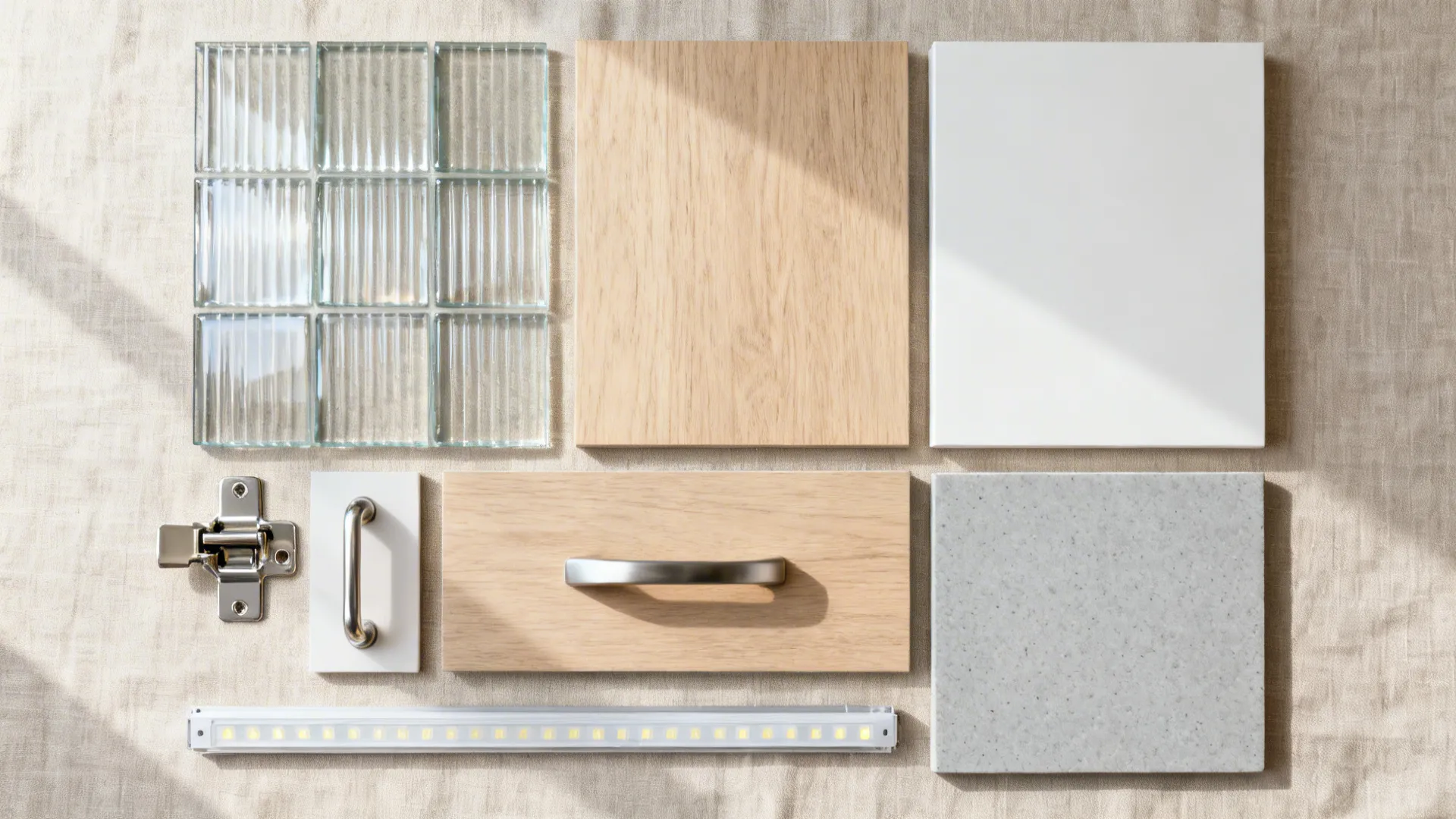 Top-down material board with fluted glass, glossy backsplash, warm white laminate, wood, and quartz.