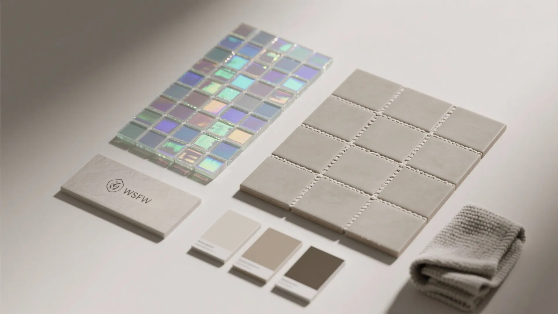 Flat lay mixing iridescent glass mosaic with matte greige porcelain and matched grout.