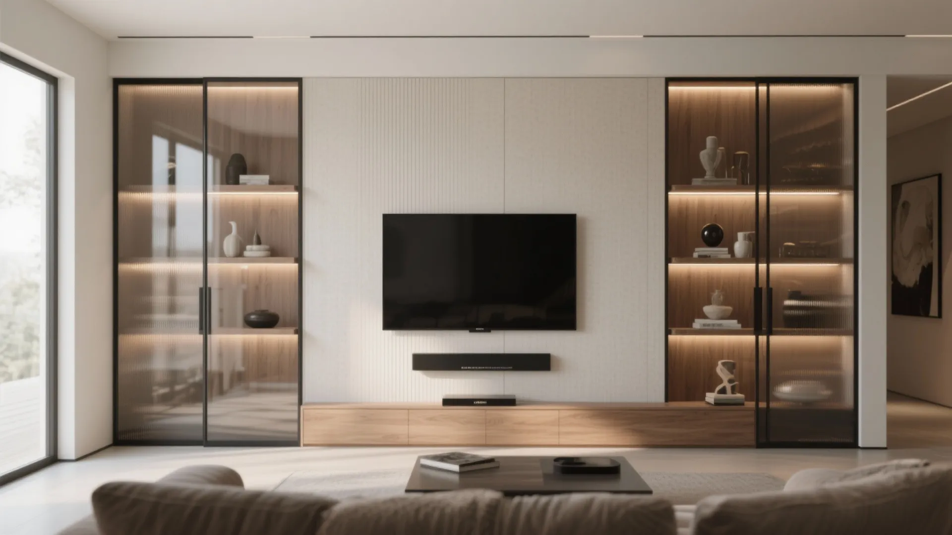 Glass-front media wall for depth and light