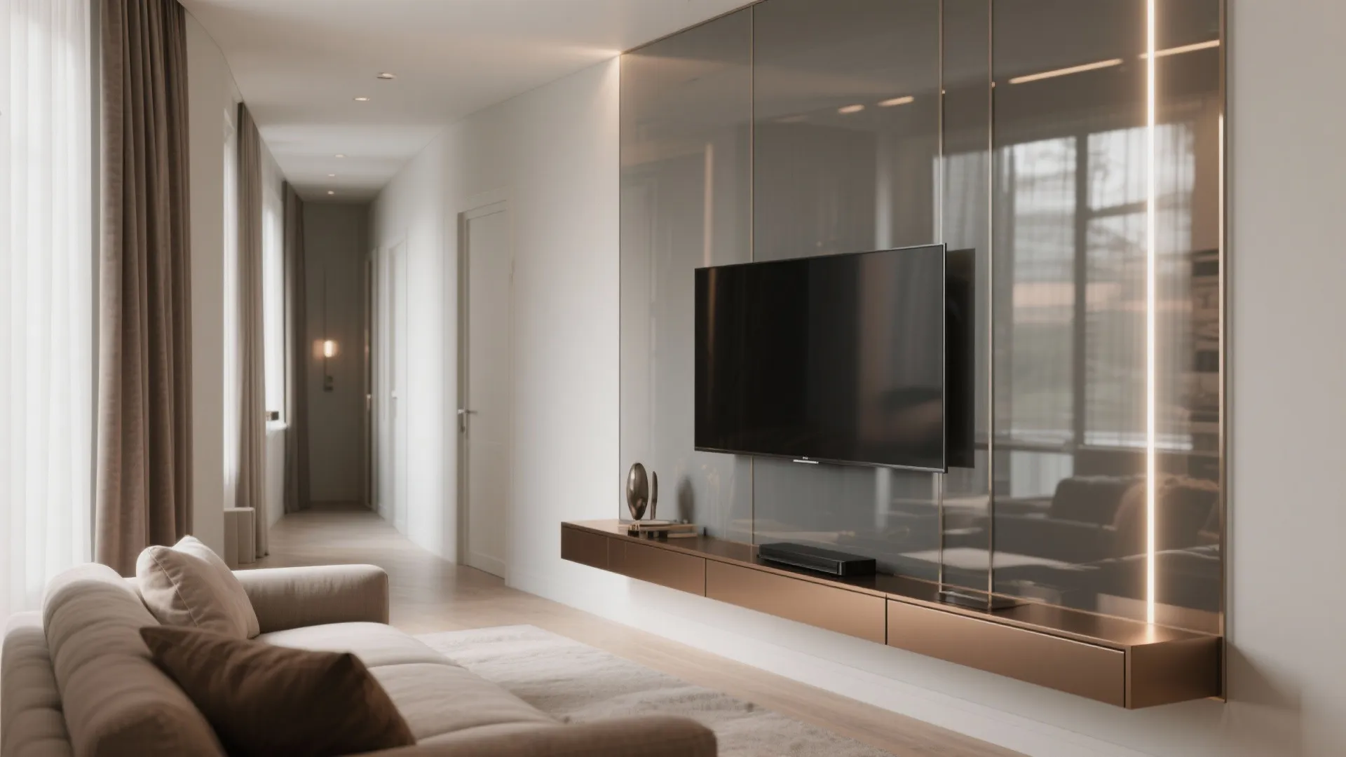 Glass-Backed Media Wall and Light-Reflecting Finishes