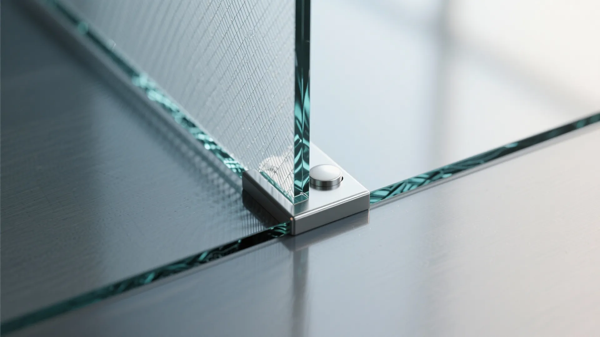 Close up view of textured glass panel held by a metal bracket on a grey surface