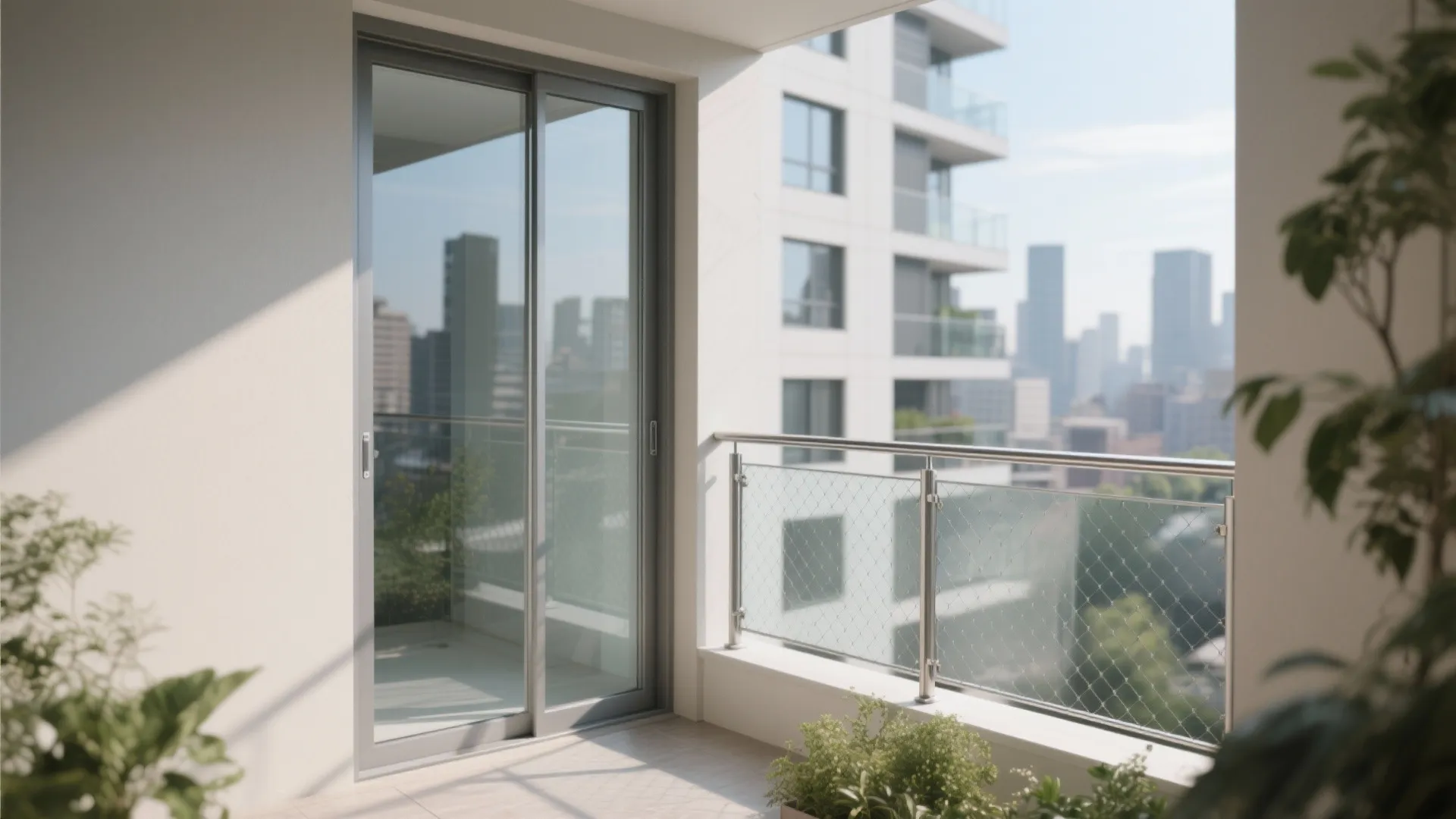 Modern balcony with sliding glass door and metal railing featuring protective mesh over a city