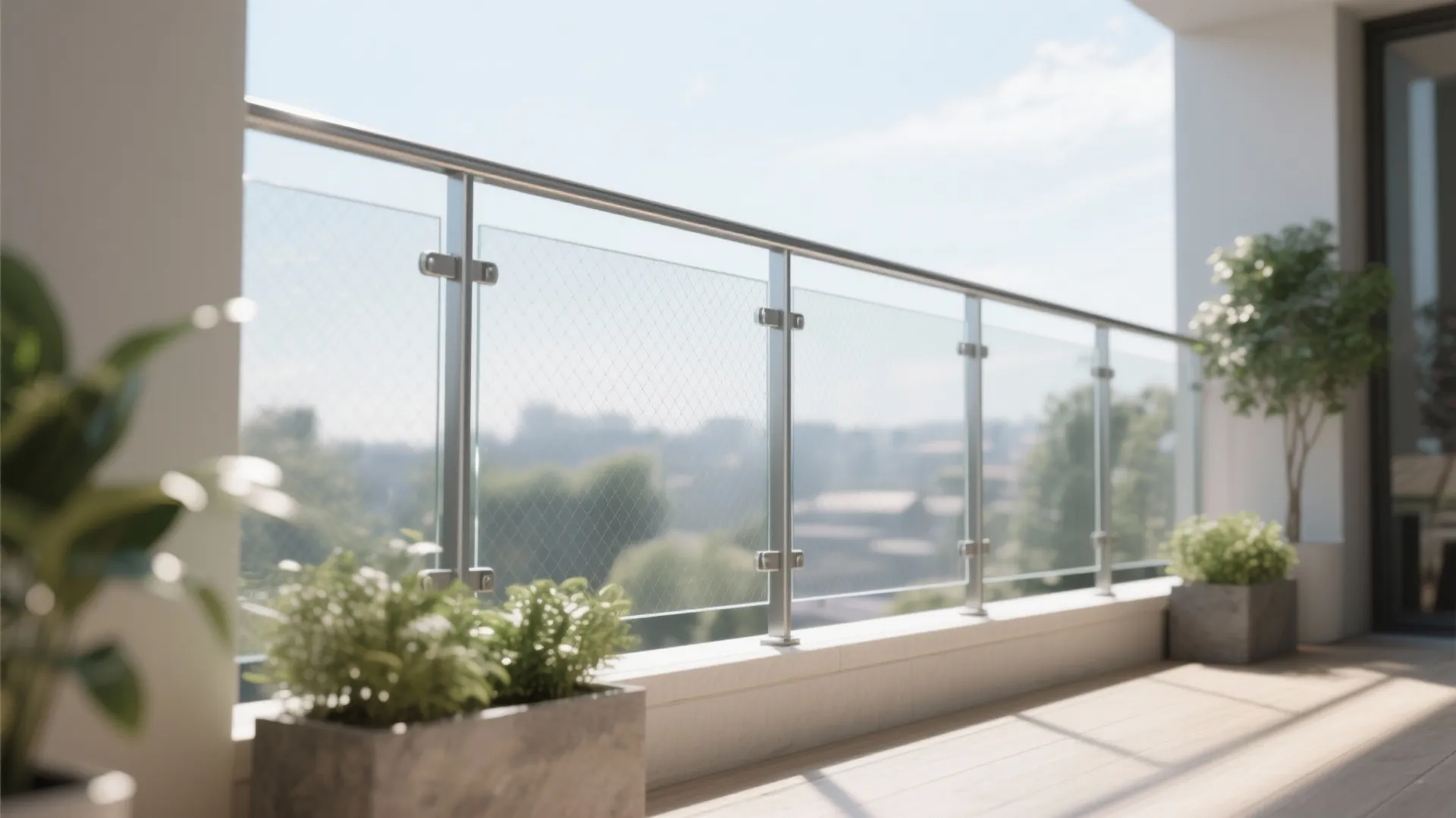 Bright balcony with glass safety railing wood flooring green plants and sunny outdoor garden view